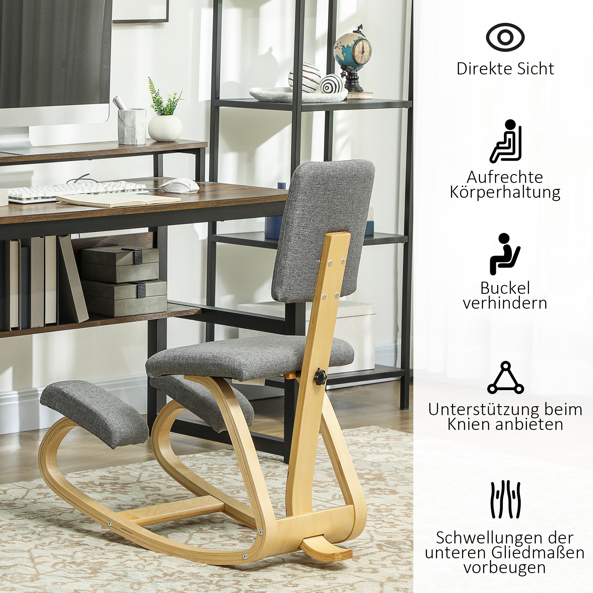 Ergonoomiline põlvitustool, põlvitaba, tervisetool koju, kontorisse, meditatsiooniks, hall