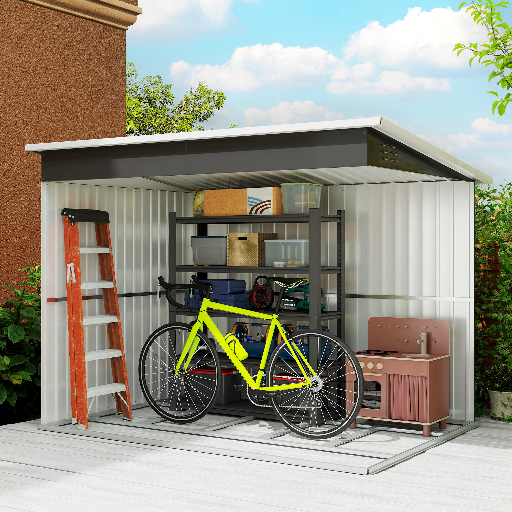 Outsunny 8.5 x 6ft Storage Shed Galvanised Steel Garden Shed, Metal Shed with Foundation Kit, Window, Lockable Wide Doors and Air Vents for Outdoor Patio, Dark Grey 9