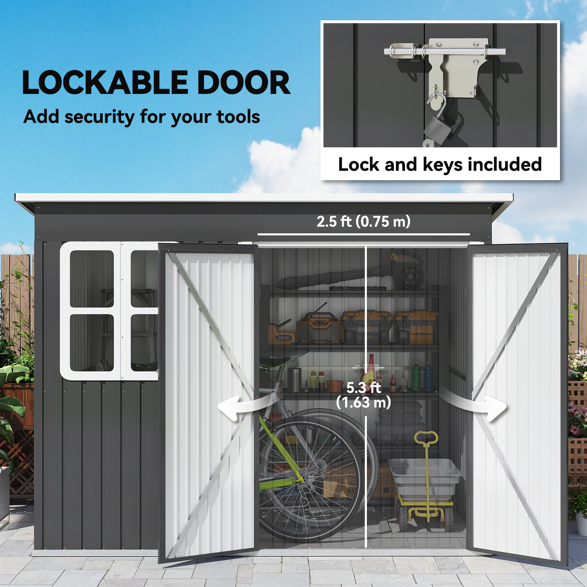 Outsunny 8.5 x 6ft Storage Shed Galvanised Steel Garden Shed, Metal Shed with Foundation Kit, Window, Lockable Wide Doors and Air Vents for Outdoor Patio, Dark Grey 7