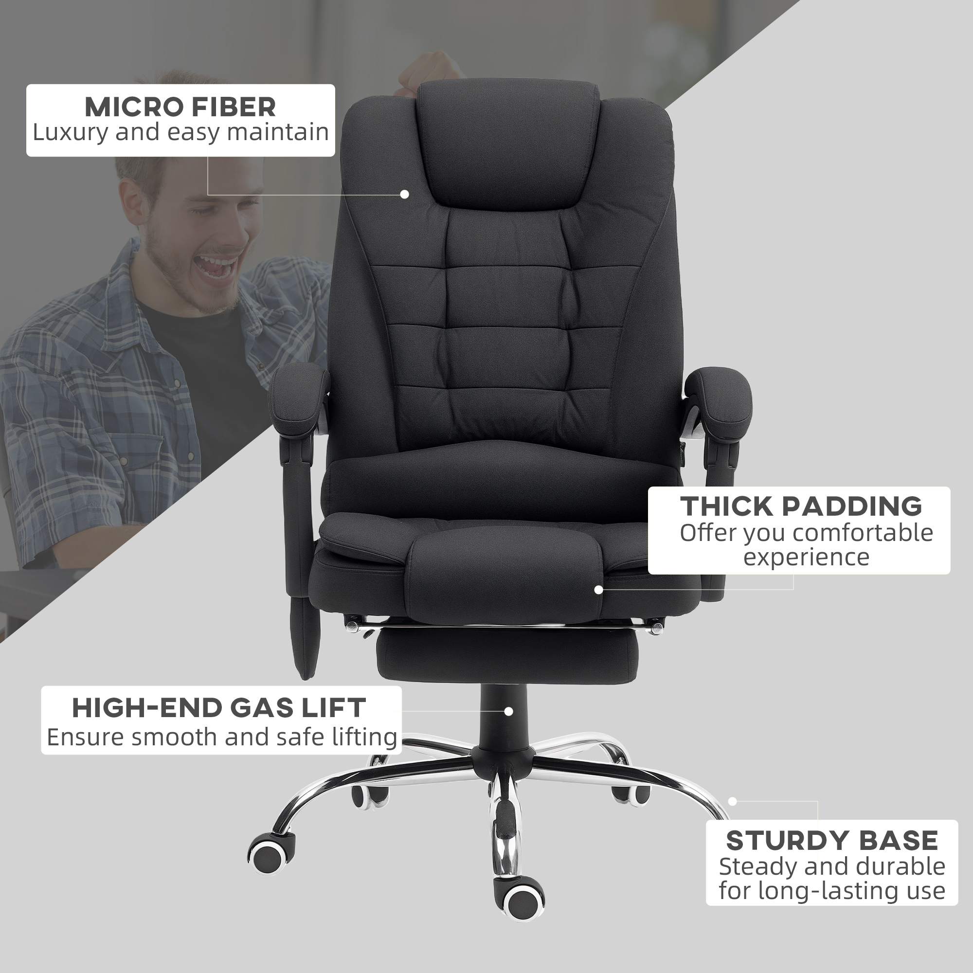 Vinsetto Office Chair with 6 Point Massage and Back Heat, Microfibre Desk Chair with Footrest Adjustable Height and Swivel Wheels, Back Reclining, Full Black 8