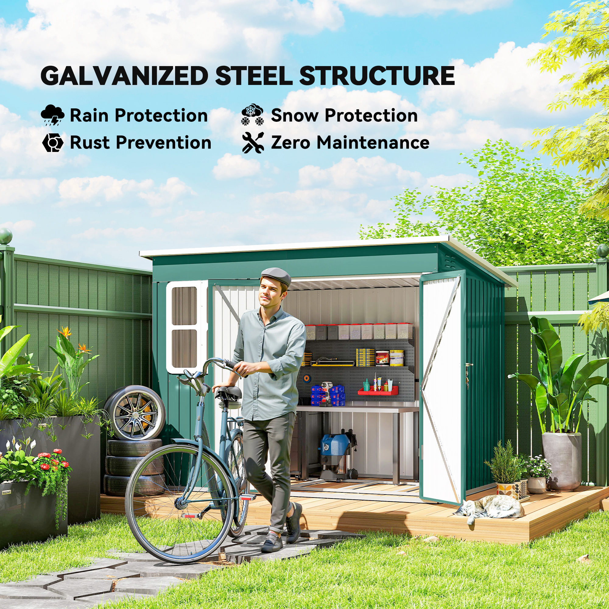 Outsunny 8.5 x 6ft Storage Shed Galvanised Steel Garden Shed, Metal Shed with Foundation Kit, Window, Lockable Wide Doors and Air Vents for Outdoor Patio, Green 4