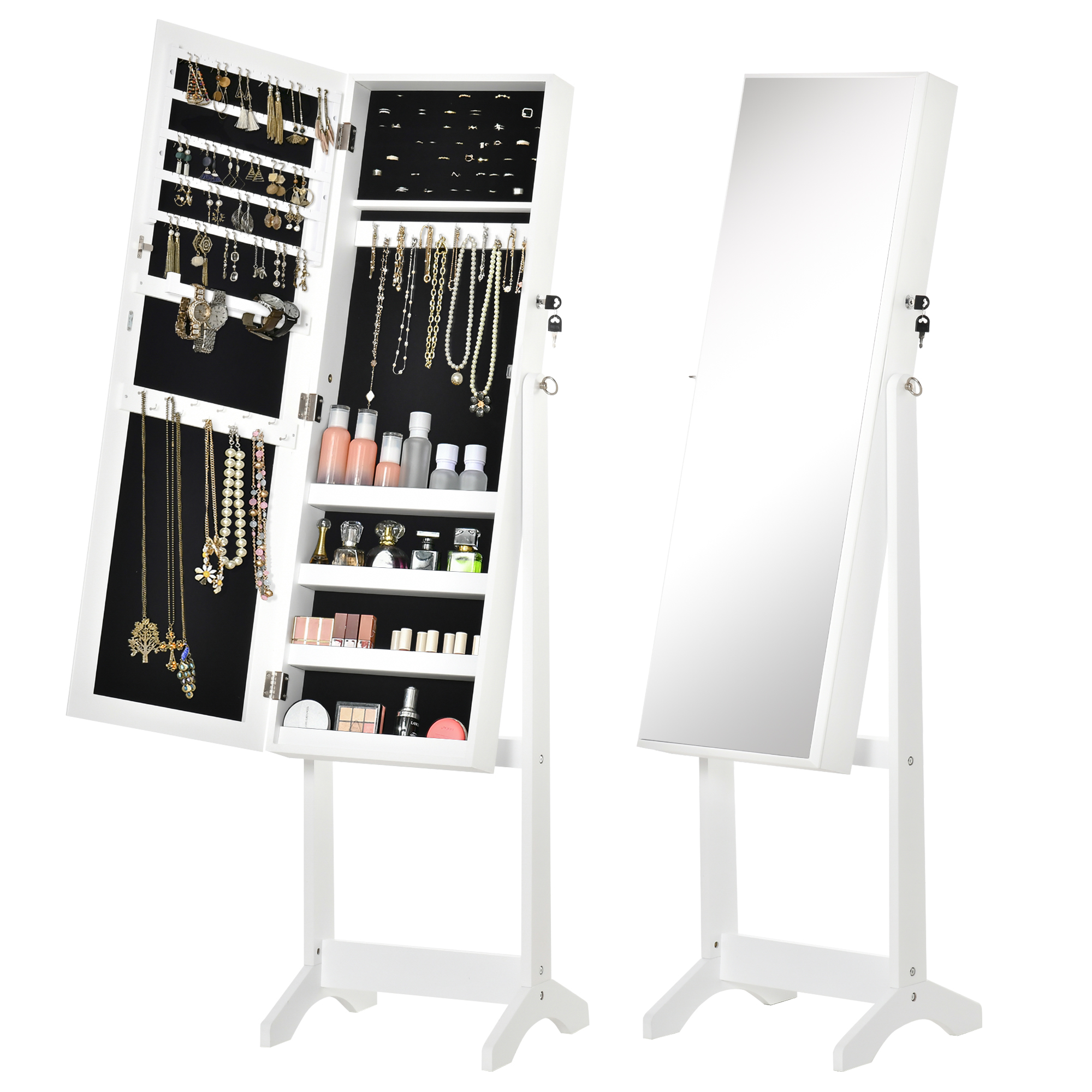 Image of HOMCOM Armadietto Portagioielli con Specchio, Serratura e Organizer per Anelli, Collane e Orecchini, Bianco Aosom Italy006