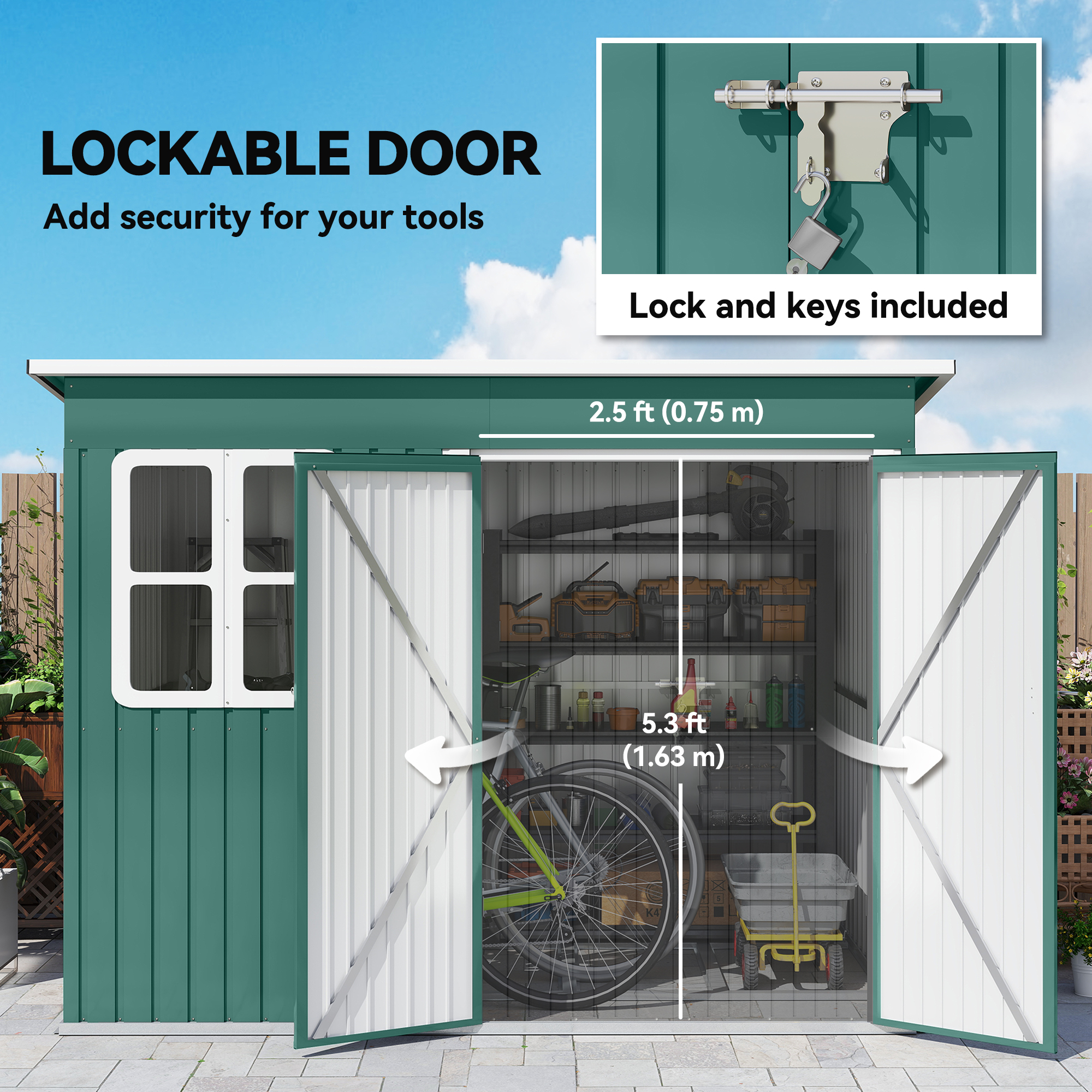 Outsunny 8.5 x 6ft Storage Shed Galvanised Steel Garden Shed, Metal Shed with Foundation Kit, Window, Lockable Wide Doors and Air Vents for Outdoor Patio, Green 7