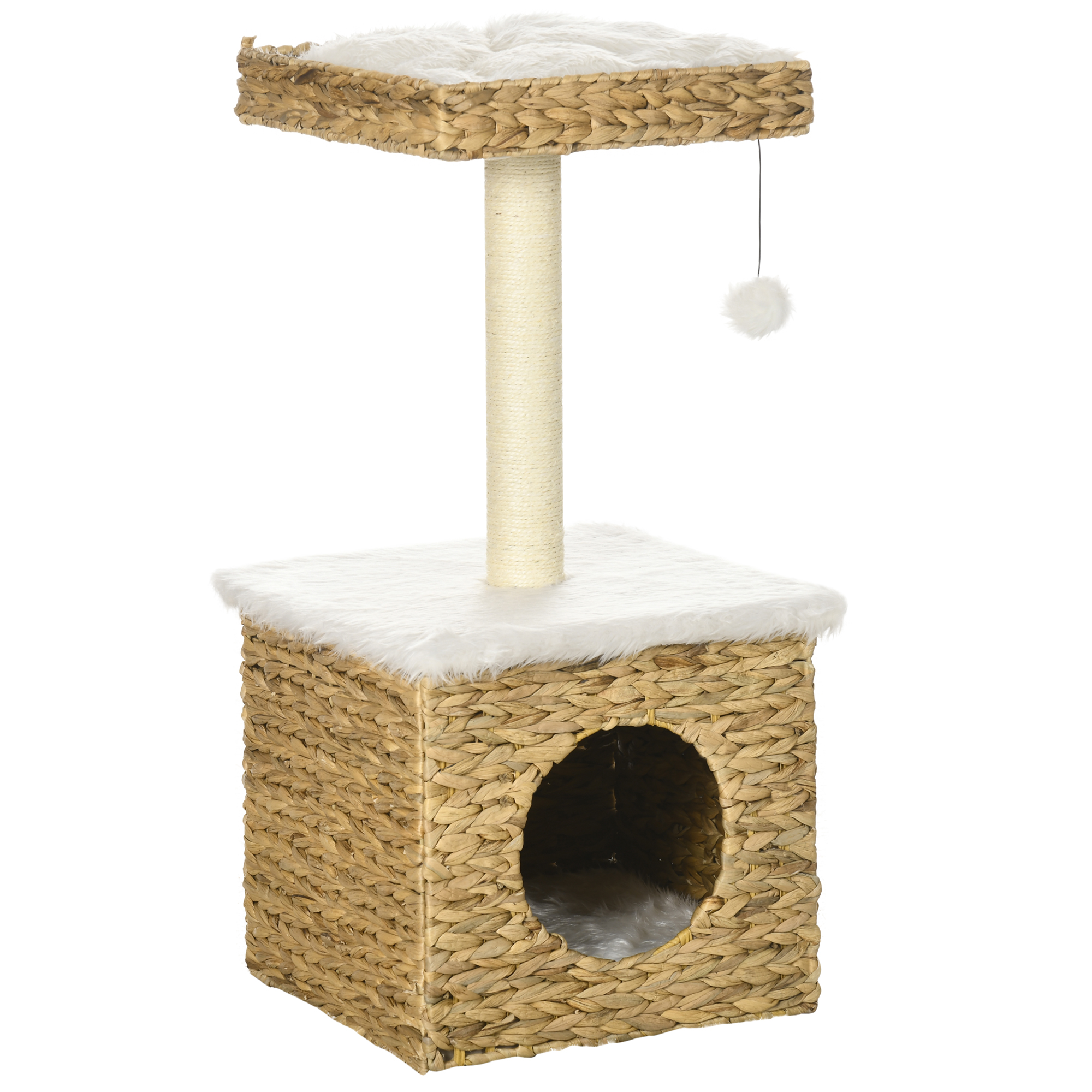 PawHut Árbol para gatos de 2 niveles con 1 casita 1 poste de sisal 1 plataforma observadora y 1 pompon colgante mimbre