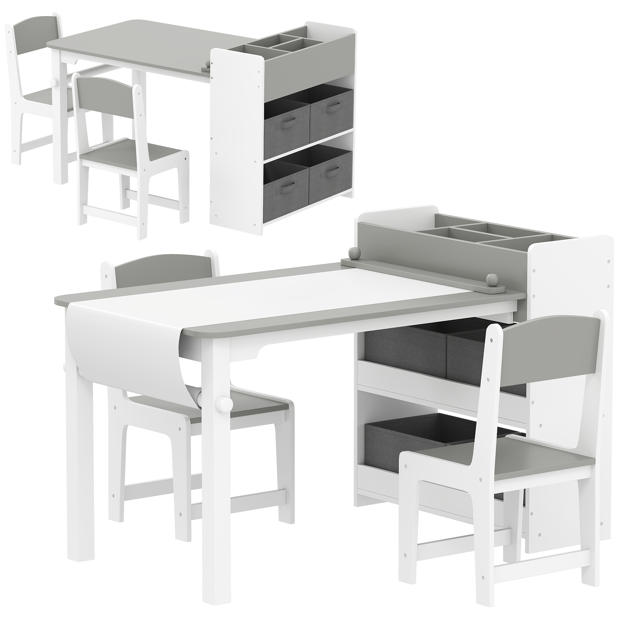 AIYAPLAY Conjunto mesa y 2 sillas infantil de madera con rollo de papel, estantes y cajones, para niña niño 3-8 años, Gris