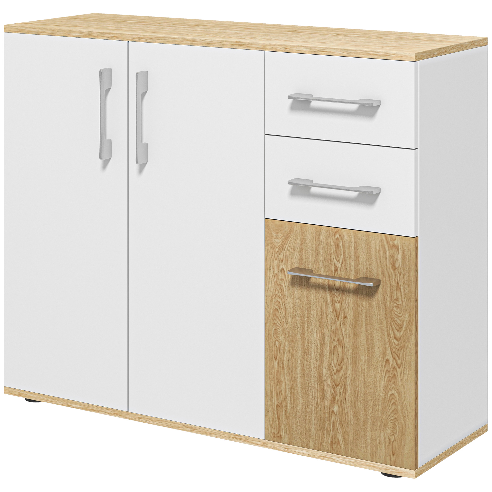 HOMCOM Sideboard, Aufbewahrungsmöbel mit 3 Türen, 2 Schubladen und verstellbarem Regal, moderner Stil, Sideboard Esszimmer, Küche und Wohnzimmer, 90 x 30 x 75,5 cm, Weiß und Holz natur Aosom