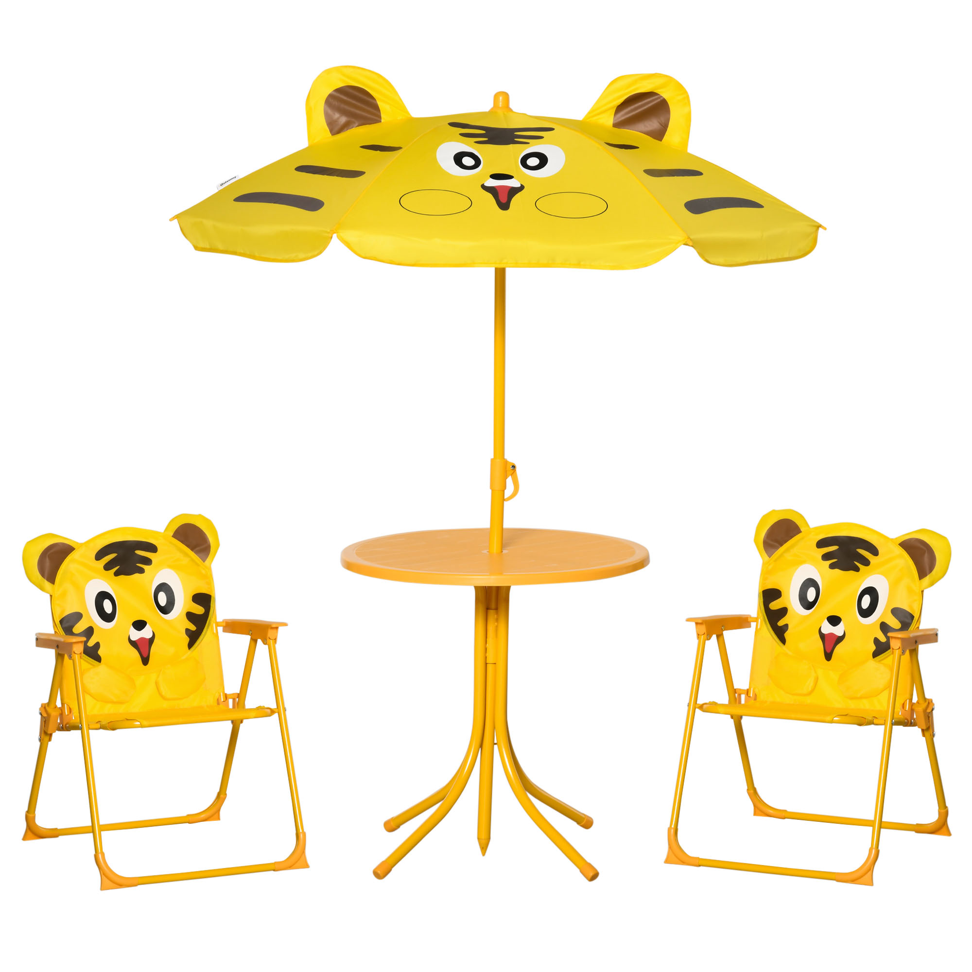 Outsunny Conjunto de Muebles de Jardín para Niños 4 piezas Diseño Tigre - Mesa Redonda + 2 Sillas Plegables + Parasol - metal epoxi Oxford Amarillo