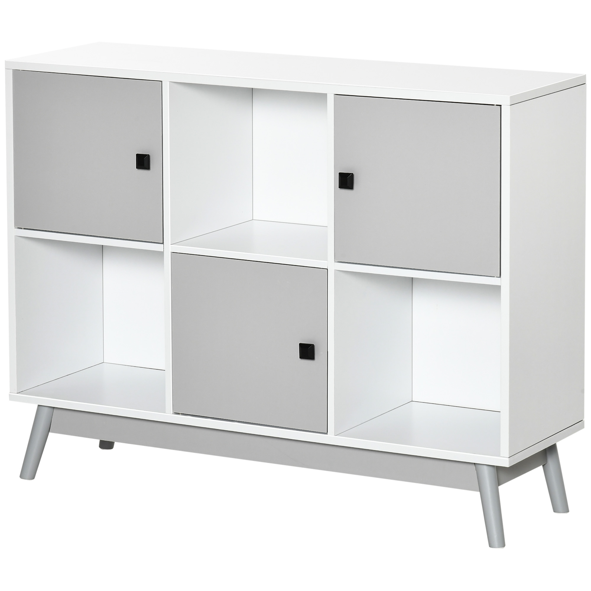 HOMCOM Buffet, Aufbewahrungsmöbel mit 3 Türen und 3 offenen Fächern, Kiefernholzbeine, 96x30x75cm, Weiß und Grau