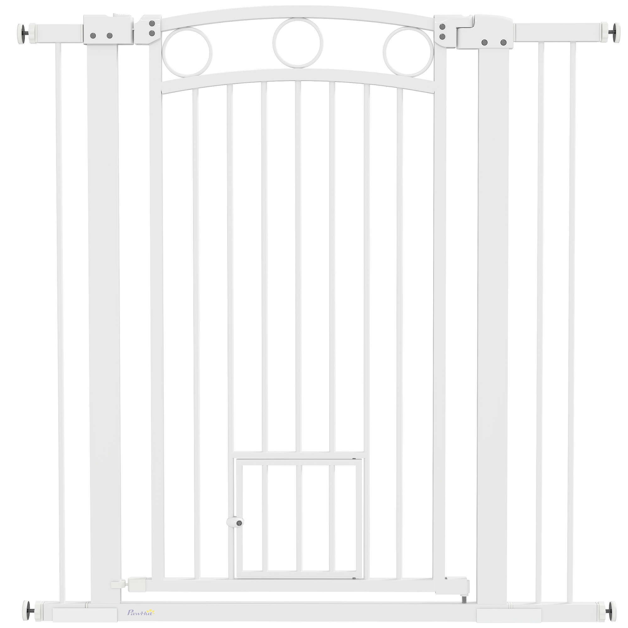 PawHut Puerta de Seguridad para Mascotas de 106 cm de Altura con Ancho Ajustable, Puerta para Gatos Integrada, para Escaleras y Marcos de Puertas, Blanco