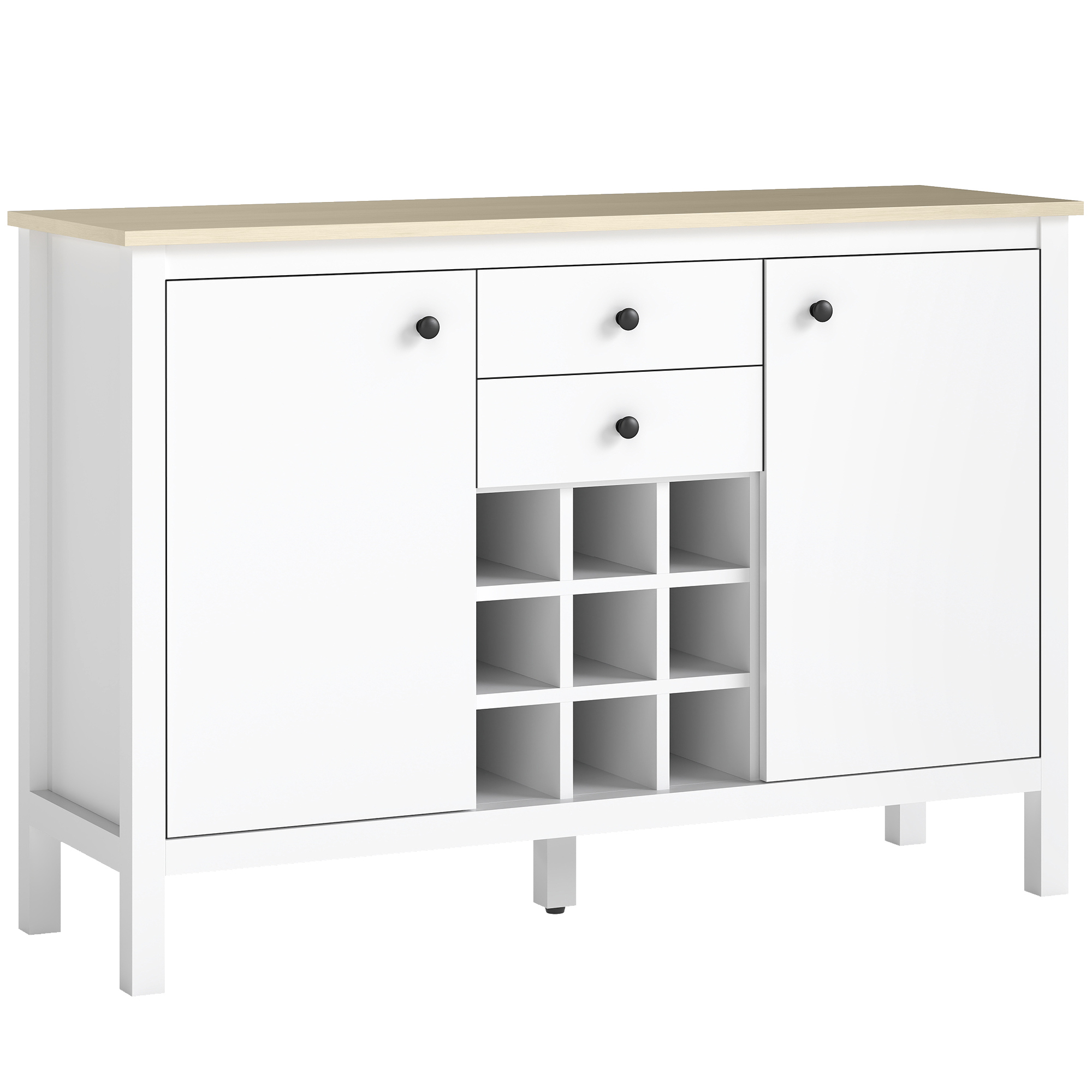 HOMCOM Bufé mueble de almacenamiento con 2 cajones, 2 puertas estantes ajustables y porta botellas para 9 botellas, blanco