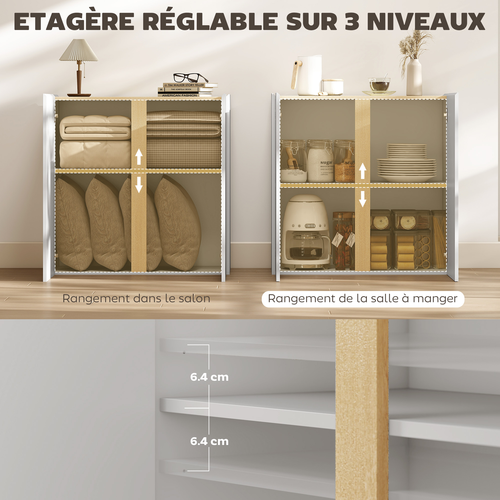 Buffet Moderne Brillant 80x40x80 Cm - 2 Portes Fermeture Douce, étagère Réglable - Blanc Pour Salon/salle à Manger