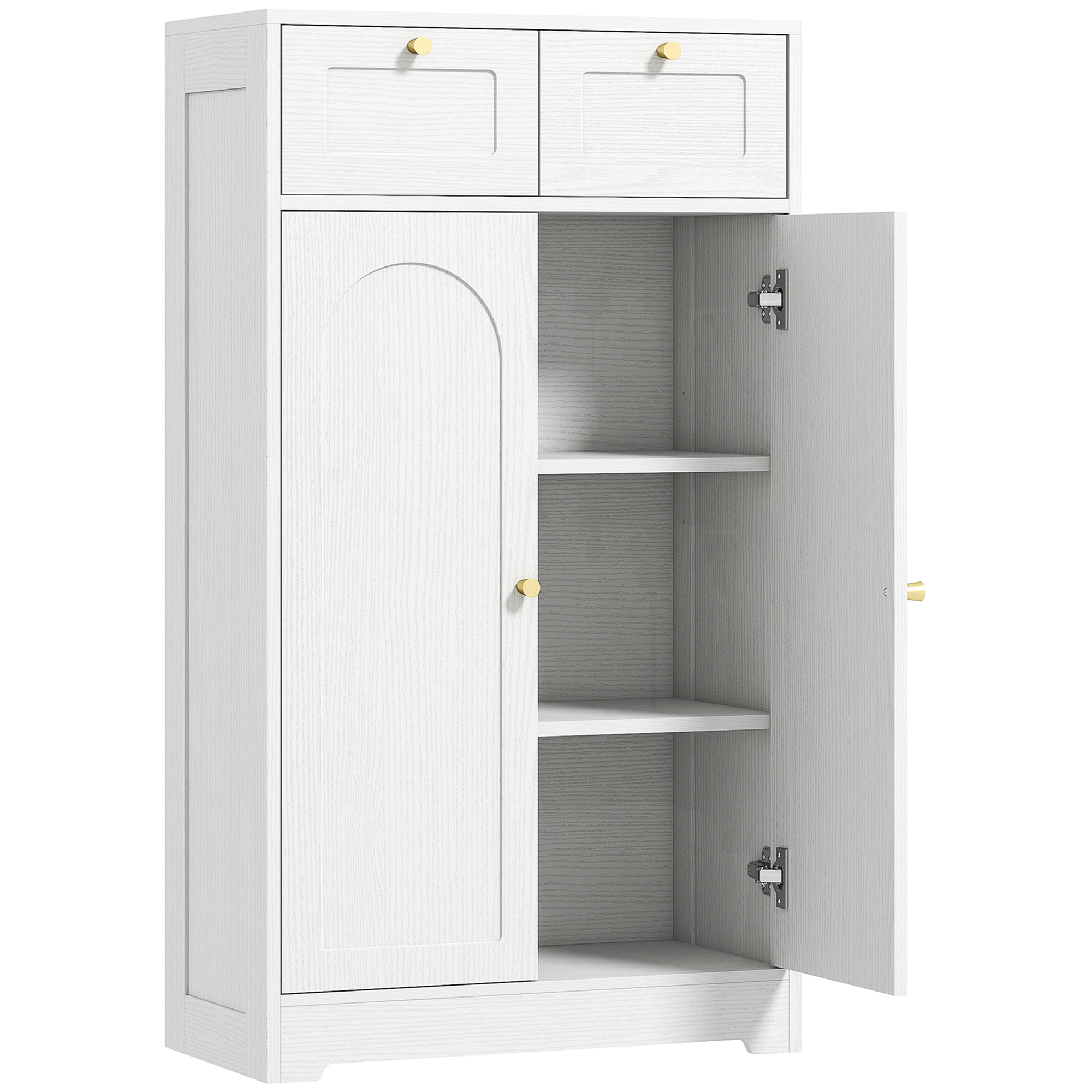 HOMCOM Armario de Baño Estrecho con 2 Cajones Estante Abierto y Puerta con Panel Arqueado 60x30x108 cm Blanco Veteado