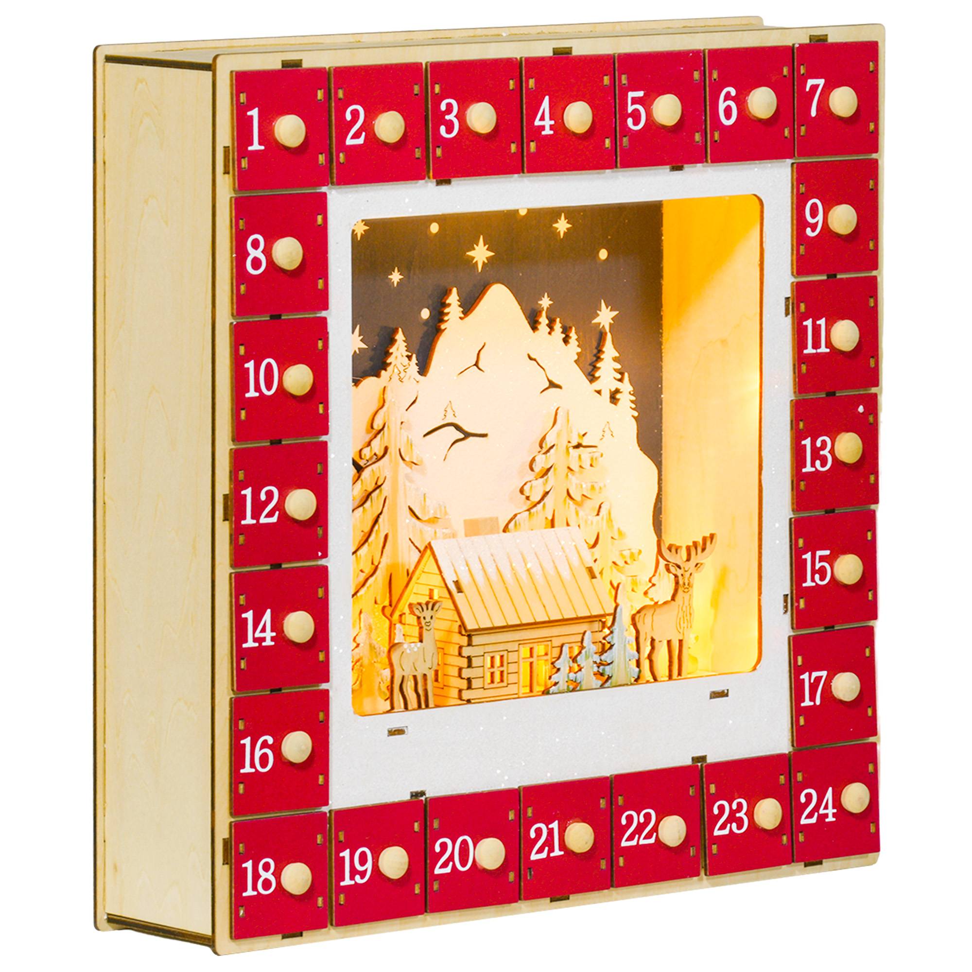HOMCOM Calendario de Adviento LED, decoraciones navideñas en madera, 24 cajones para rellenar, decoración luminosa, rojo