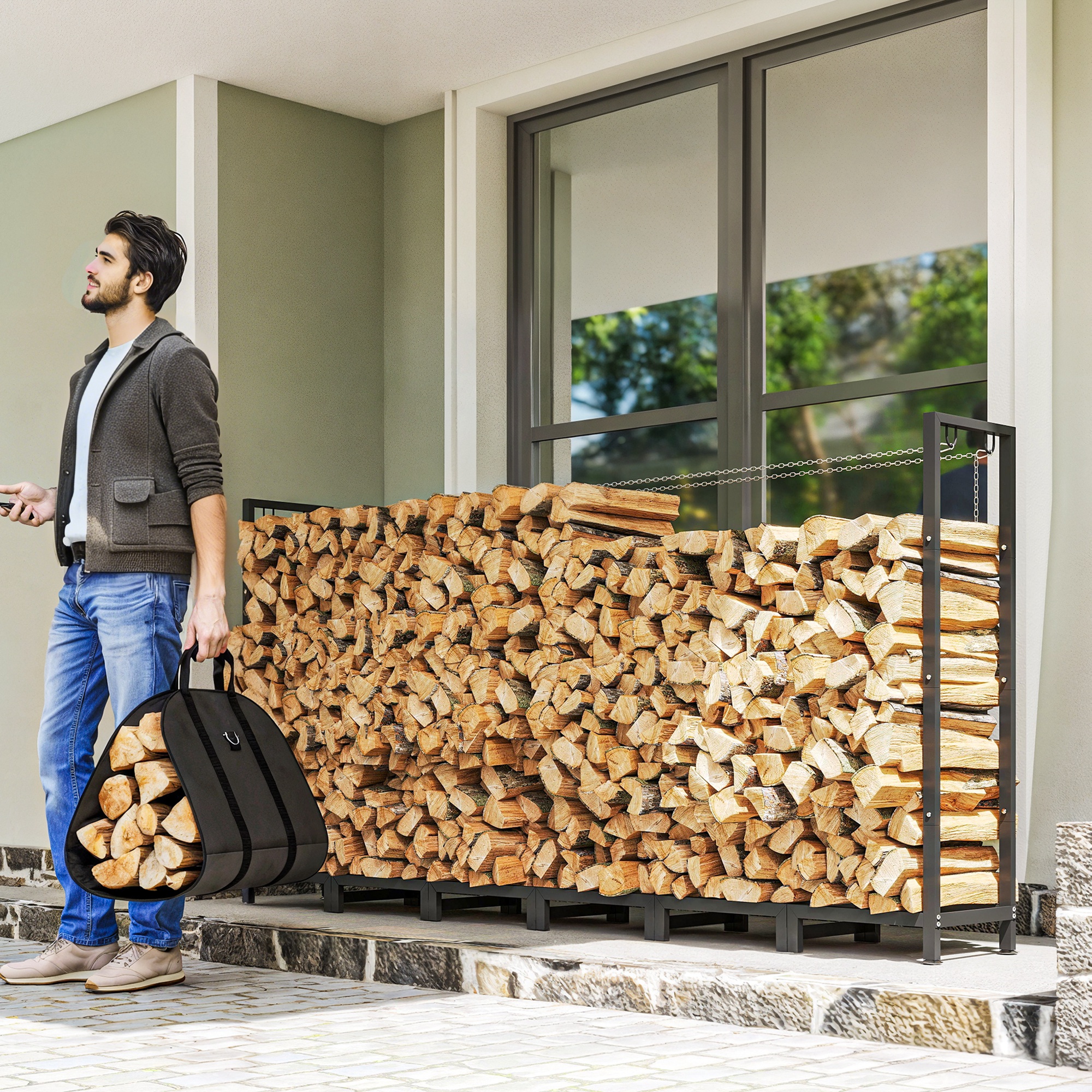 Outsunny Holzlager im Freien aus Stahl, Holzlager im Freien mit Holztasche, günstig online kaufen