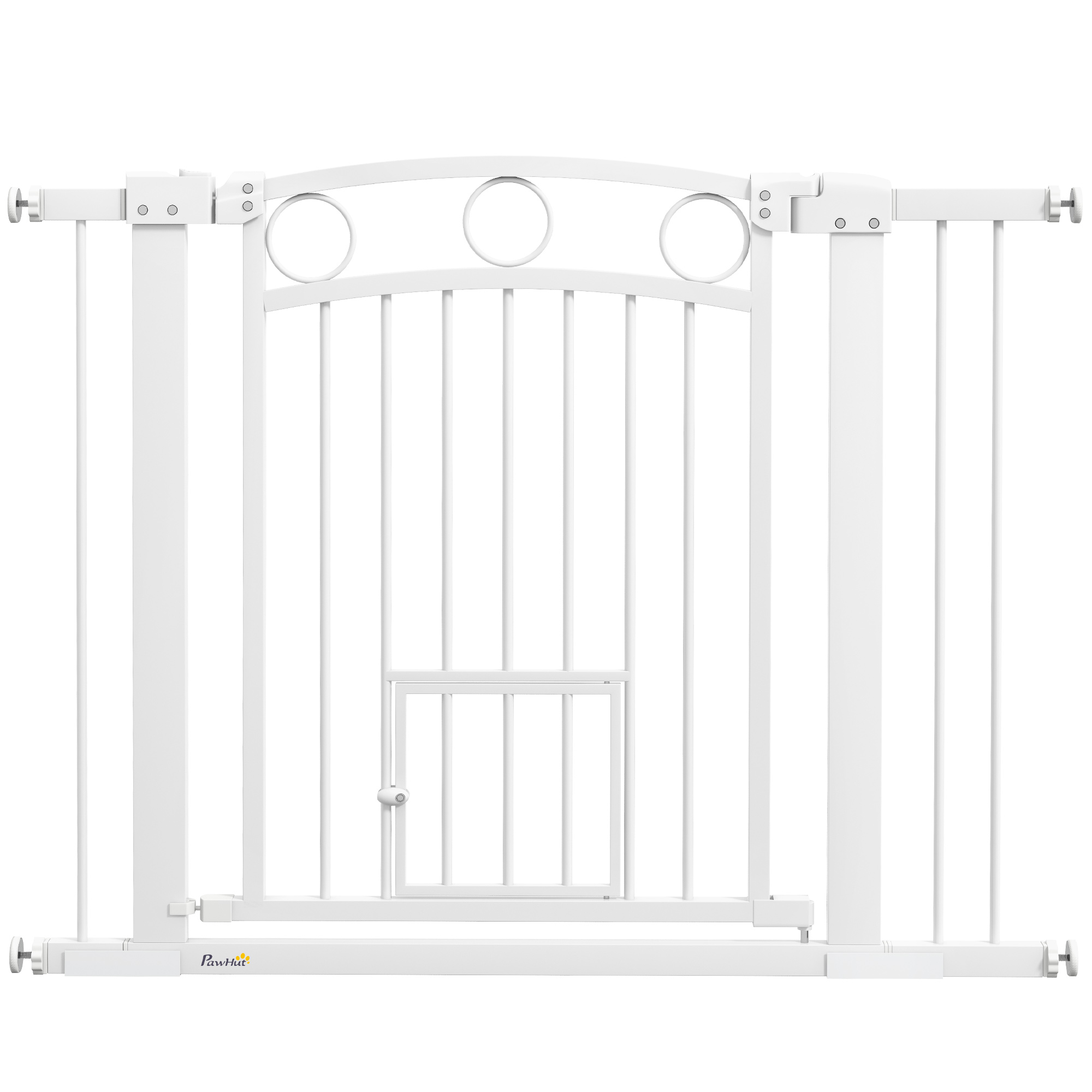 PawHut Puerta para Mascotas, 77 cm Barrera de Escalera, Ancho Ajustable 76-104 cm, con Puerta para Gatos, para Escaleras y Aberturas de Puertas, Blanco