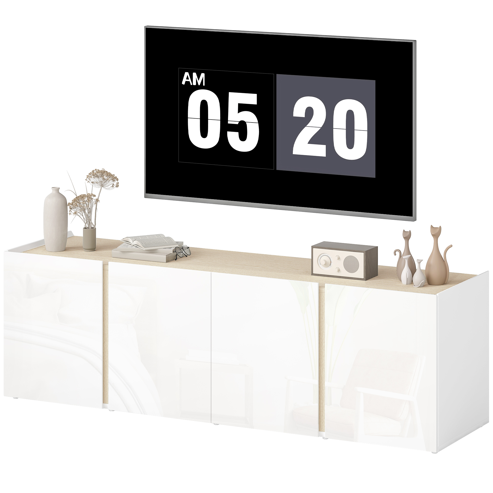 HOMCOM Meuble TV, banc TV avec 4 portes à fermeture amortie, étagère réglable et passe-câbles, 135 x 38 x 45 cm, blanc
