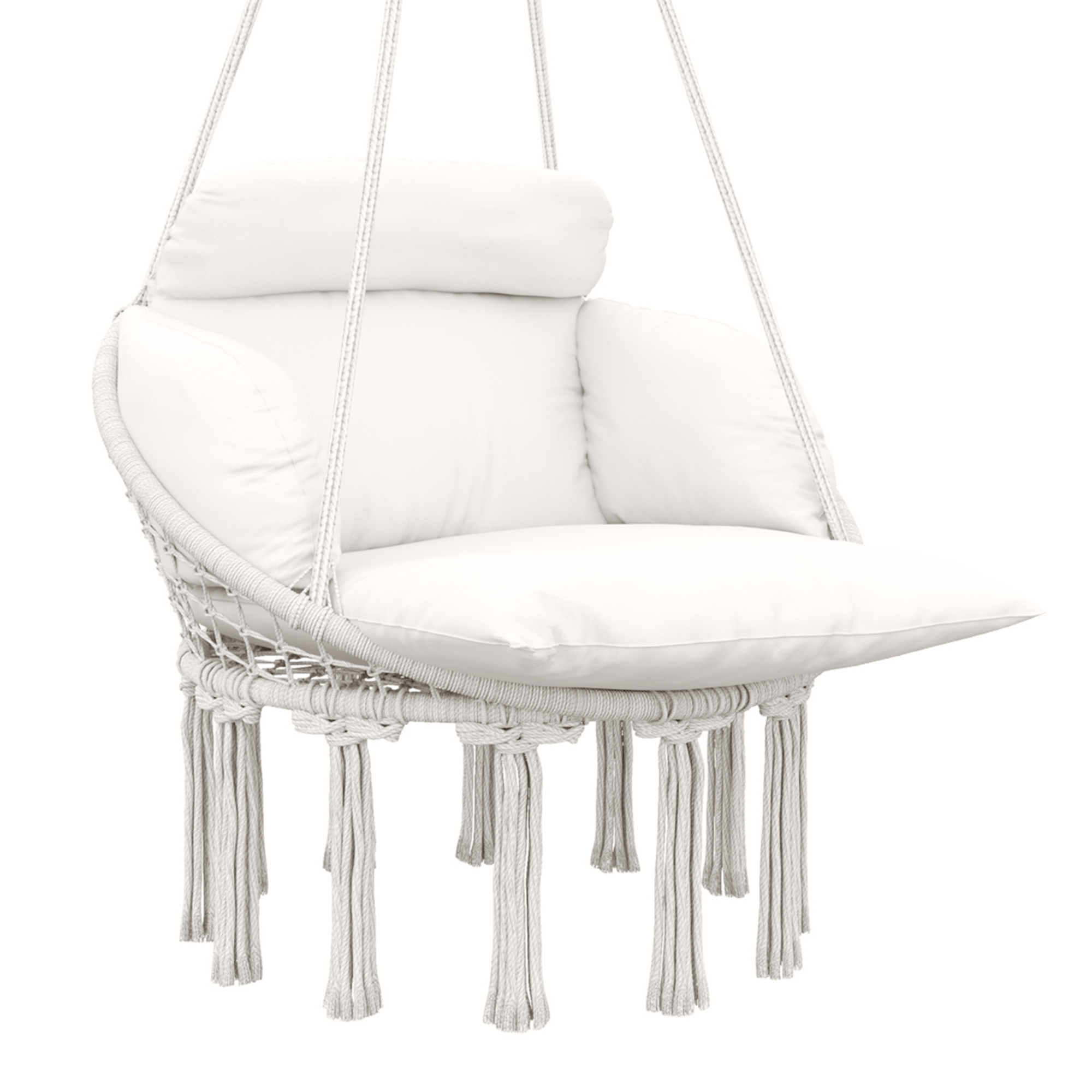 Outsunny Silla colgante con gran cojín relleno hamaca sillón colgante con flecos kit de suspensión 80 x 60 x 40 cm crema