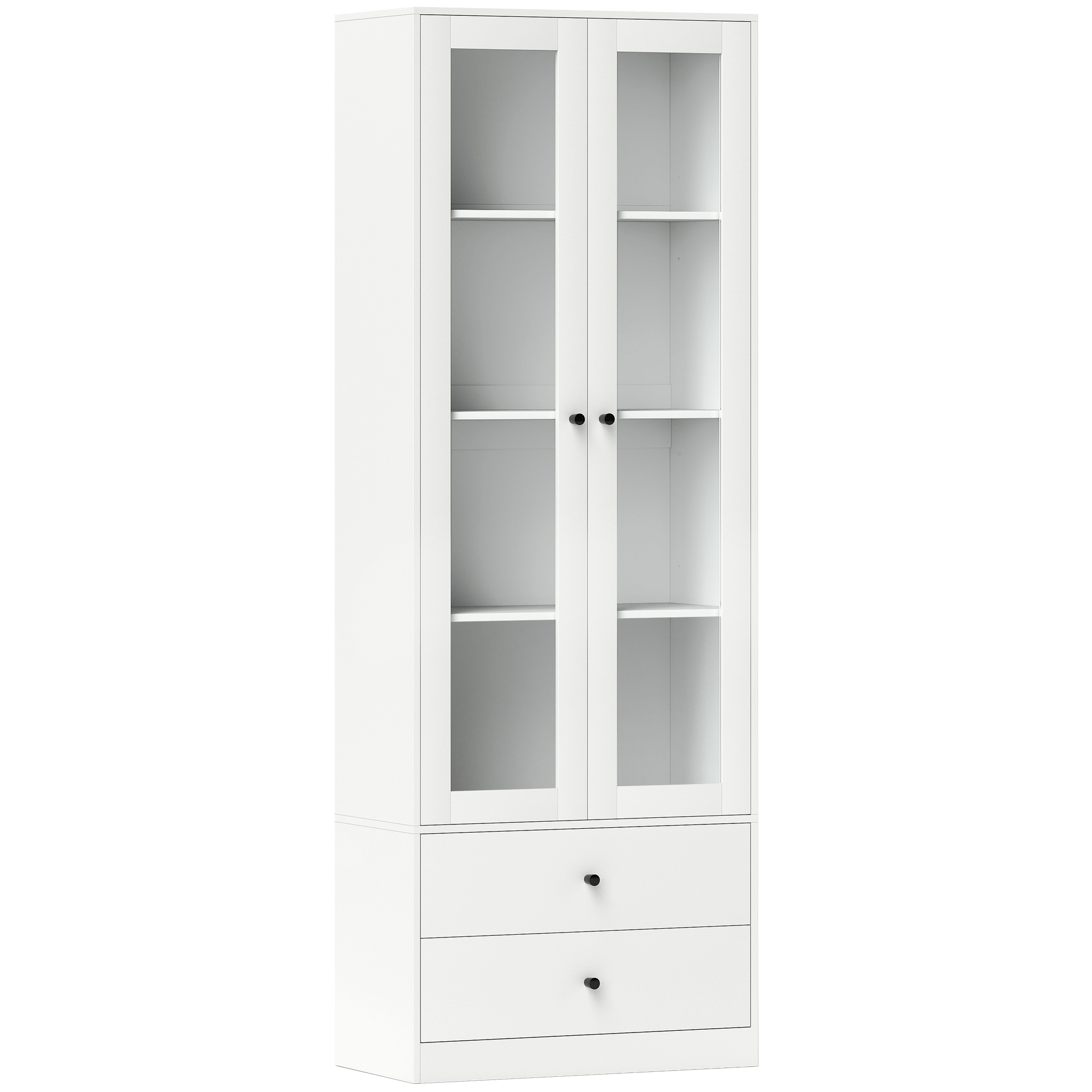 HOMCOM Mueble de almacenamiento moderno con armario de puertas de cristal, estantes ajustables y 2 cajones, 59x30x164 cm, blanco