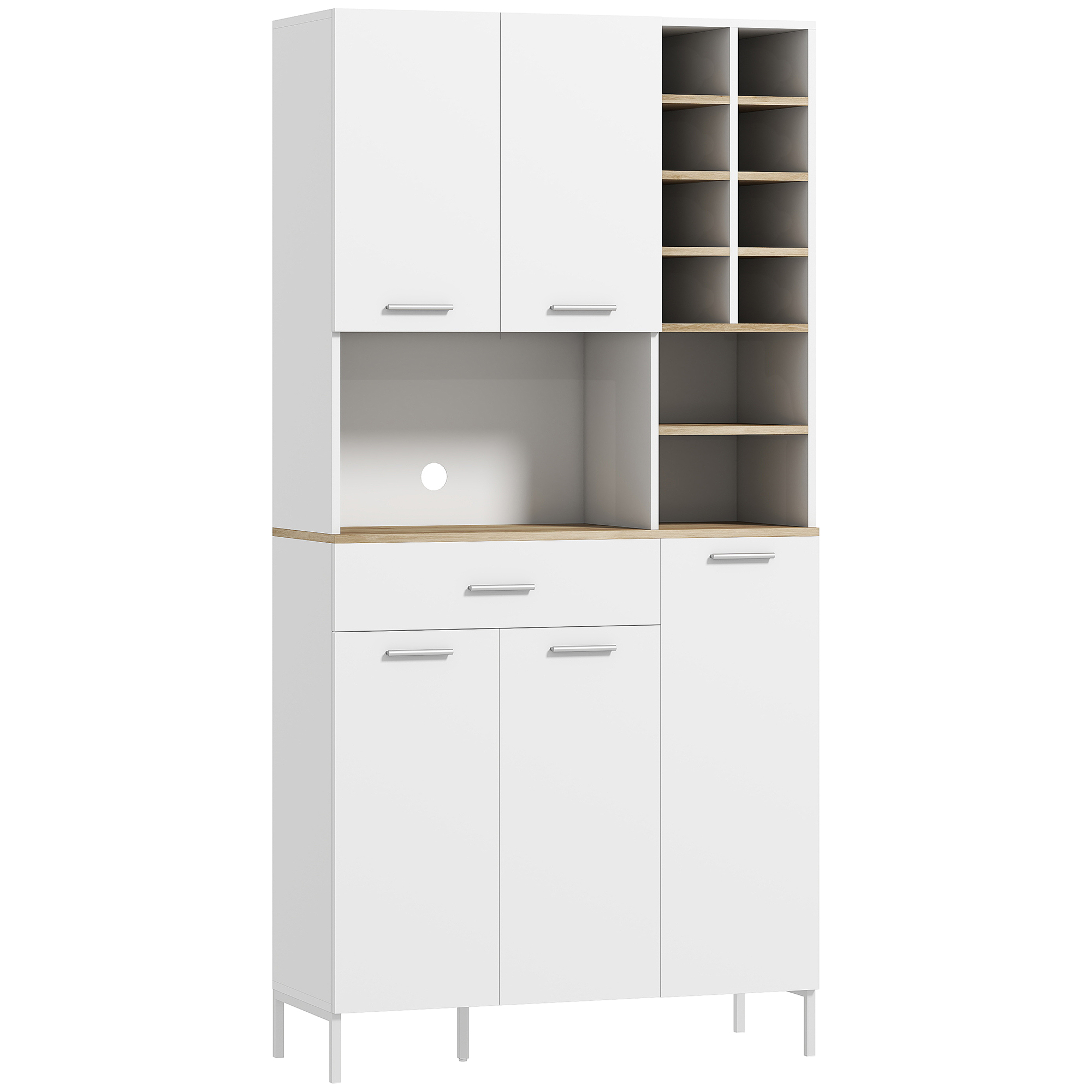 HOMCOM Armario de Cocina con Estantes Abiertos, Compartimentos, Porta Vinos, Armario de Almacenamiento con 5 Puertas, MDF, Blanco
