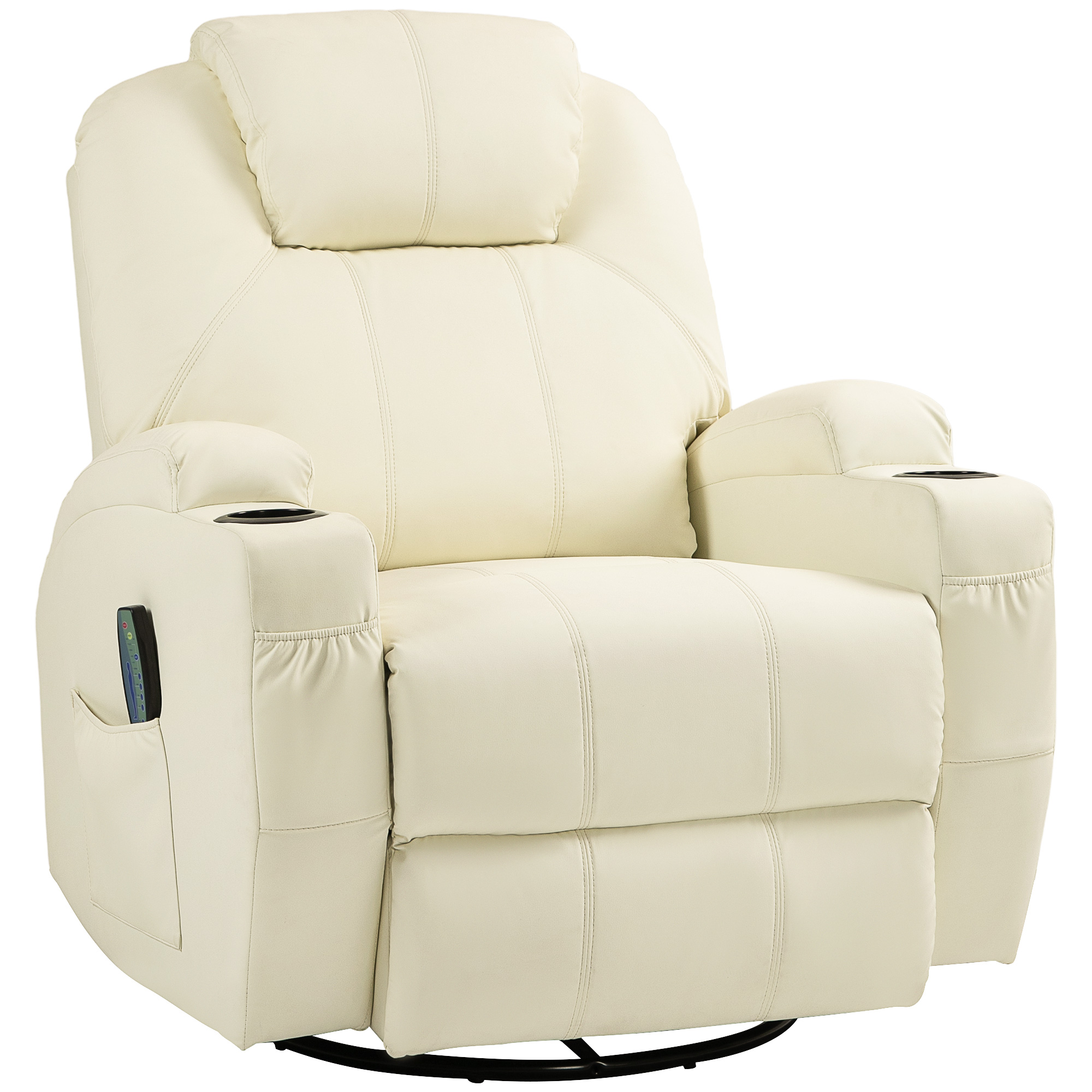 HOMCOM Sillón de relax con función de masaje, respaldo ajustable, giratorio, hasta 150 kg, cuero sintético, Blanco crema