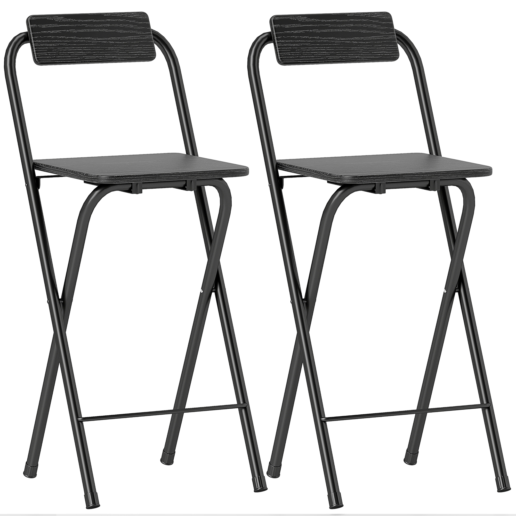 HOMCOM Set de 2 taburetes de bar plegables con respaldo y reposapiés, marco de acero, 87 cm de altura, Negro