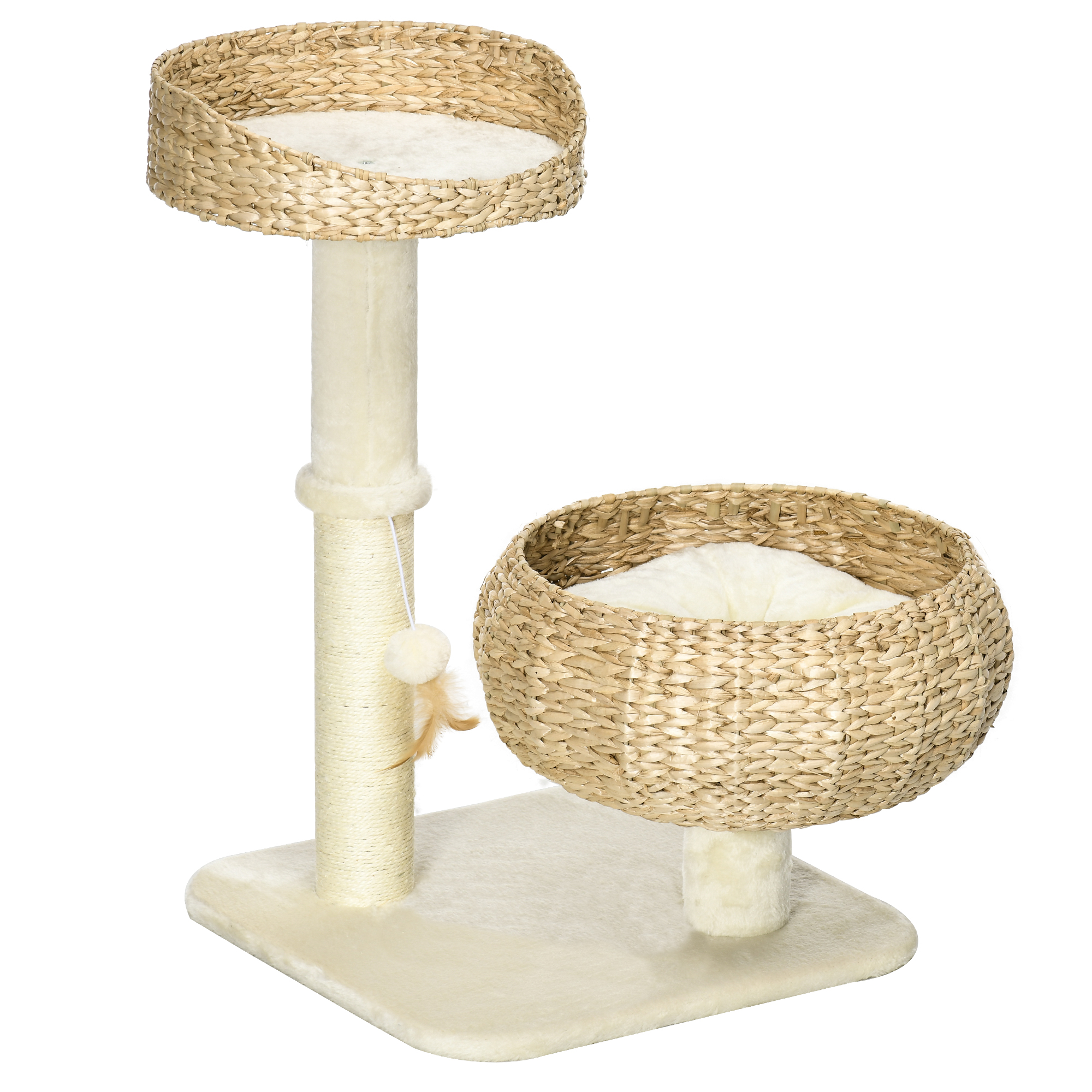 PawHut Árbol rascador para gatos 2 niveles altura 72 cm poste sisal con cueva y plataforma 1 bola suspendida