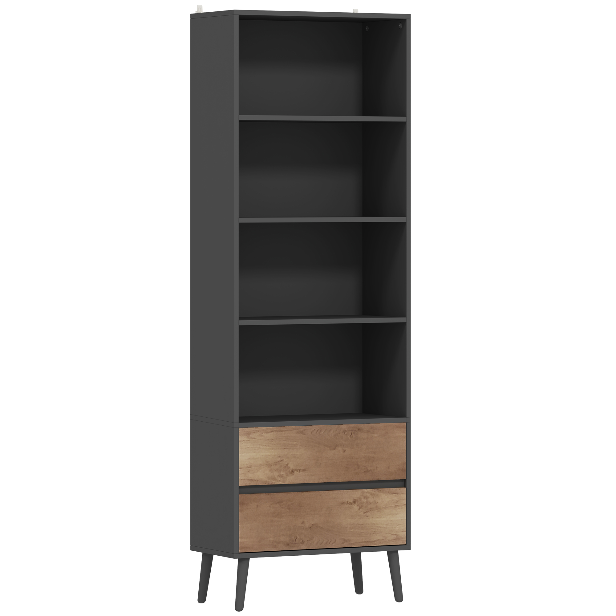 HOMCOM Biblioteca mueble de almacenamiento con 4 compartimentos abiertos y 2 cajones, 60 x 30 x 179 cm, gris