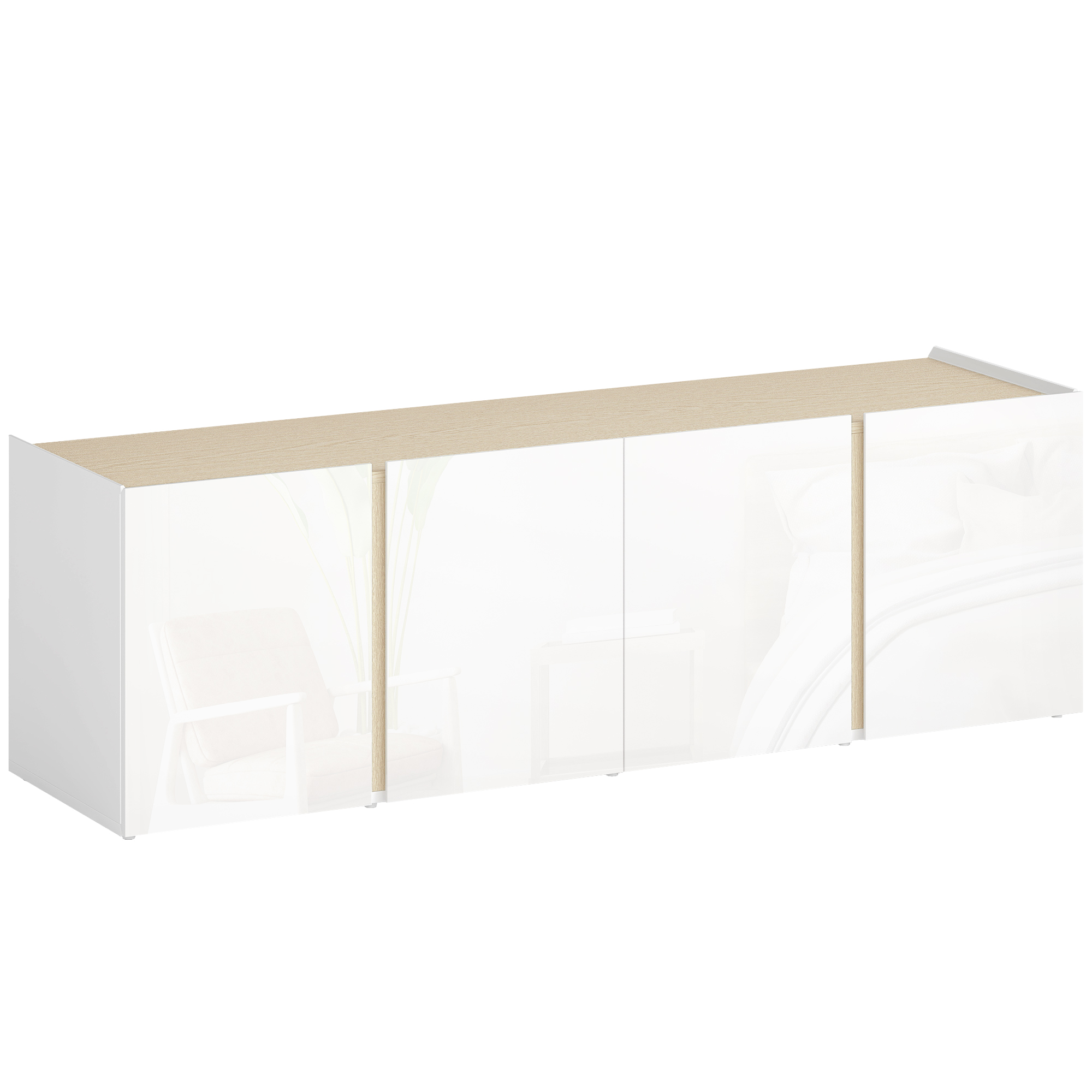 HOMCOM Mueble TV, banco TV con 4 puertas de cierre amortiguado, estante ajustable y pasacables, 135 x 38 x 45 cm, blanco