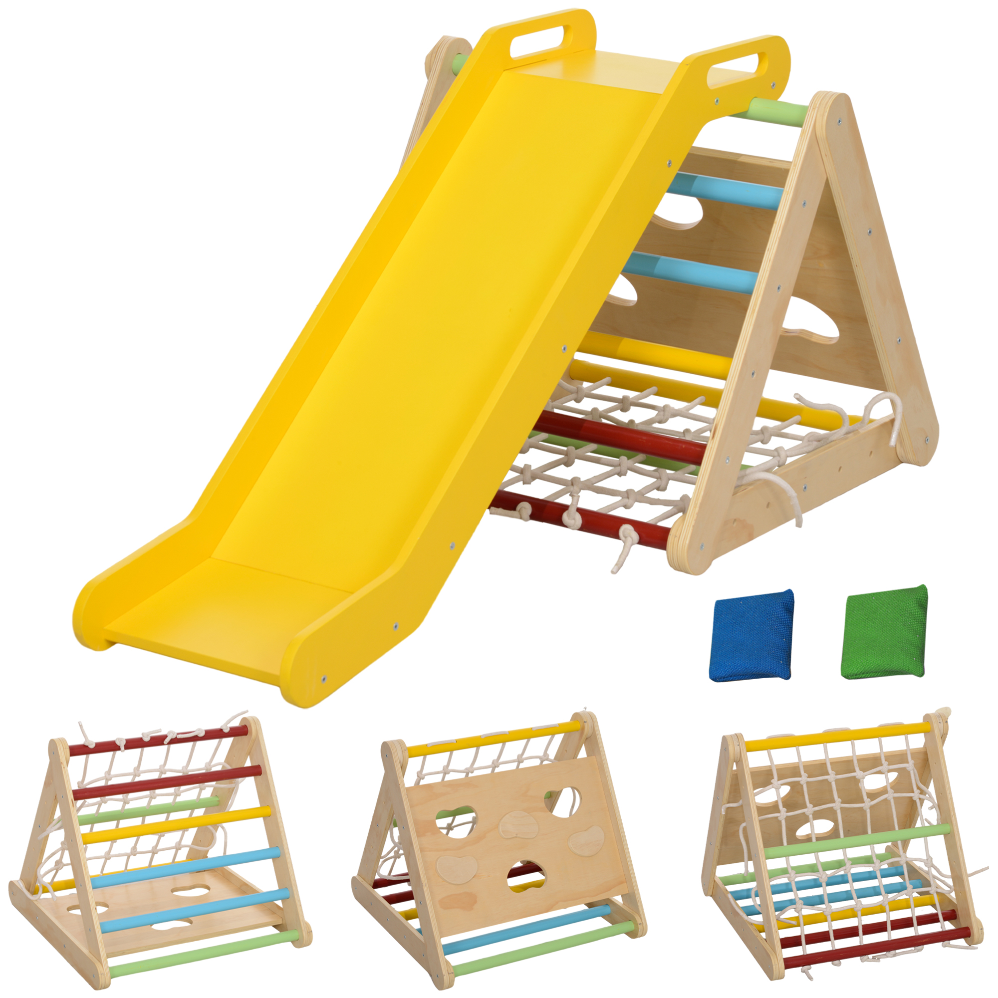 AIYAPLAY 5 en 1 Triángulo de escalada con tobogán para niños circuito de motricidad - red de escalada, bolsas de arena incluidas