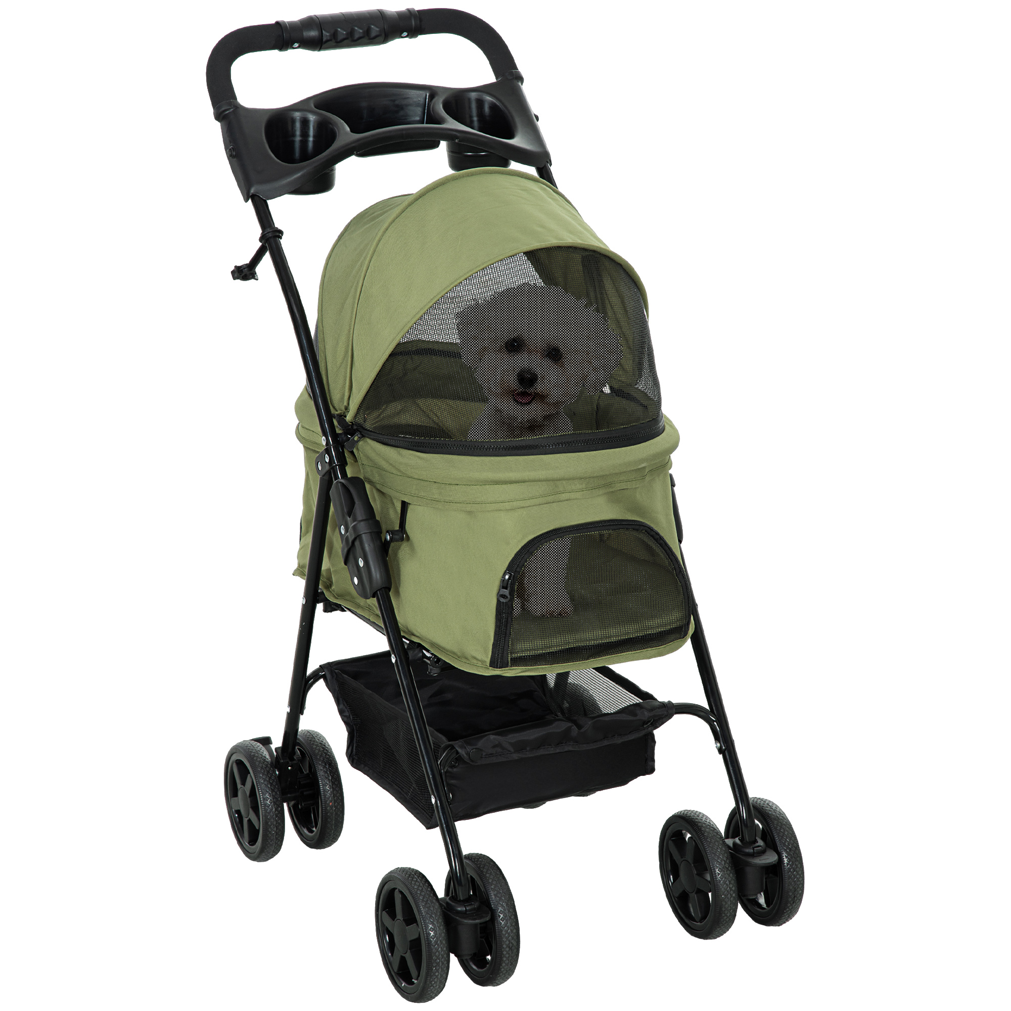 PawHut Carriola plegable para perro gato con cesto de almacenamiento portavasos tela 300D Oxford impermeable 4 ruedas verde