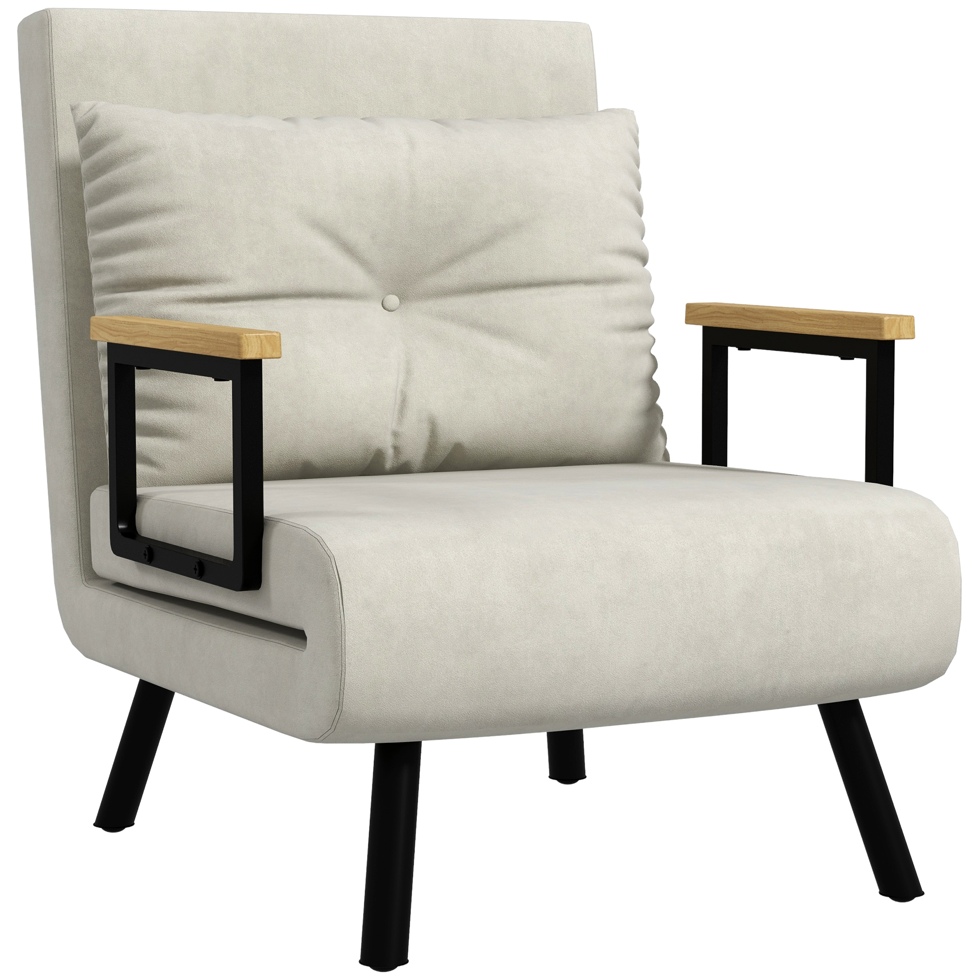 HOMCOM Sillón convertible 4 en 1 cama 1 plaza respaldo 5 posiciones, apoyabrazos de madera y cojín, tejido efecto terciopelo, crema