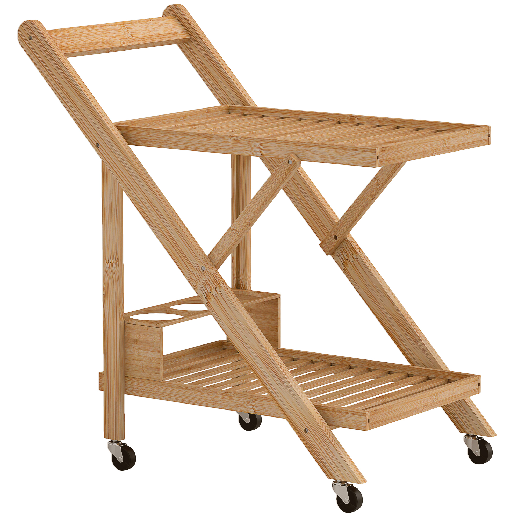 HOMCOM Carrito de cocina de bambú carrito de servicio plegable 2 bandejas 4 ruedas 3 compartimentos para vino 66 x 40 x 70 cm madera natural