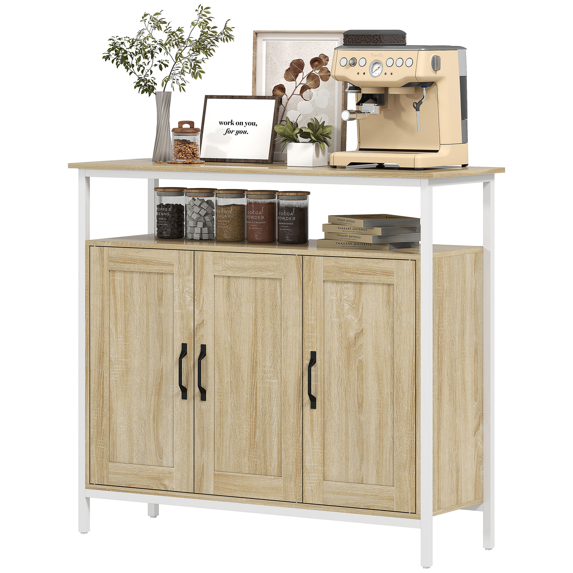 HOMCOM Sideboard, Aufbewahrungsschrank mit 3 Türen, offenes Fach und 4 verstellbaren Regalen, Metallrahmen, Industriestil, Esszimmer, Küche und Wohnzimmer, 100 x 35 x 88 cm, Naturholz Aosom