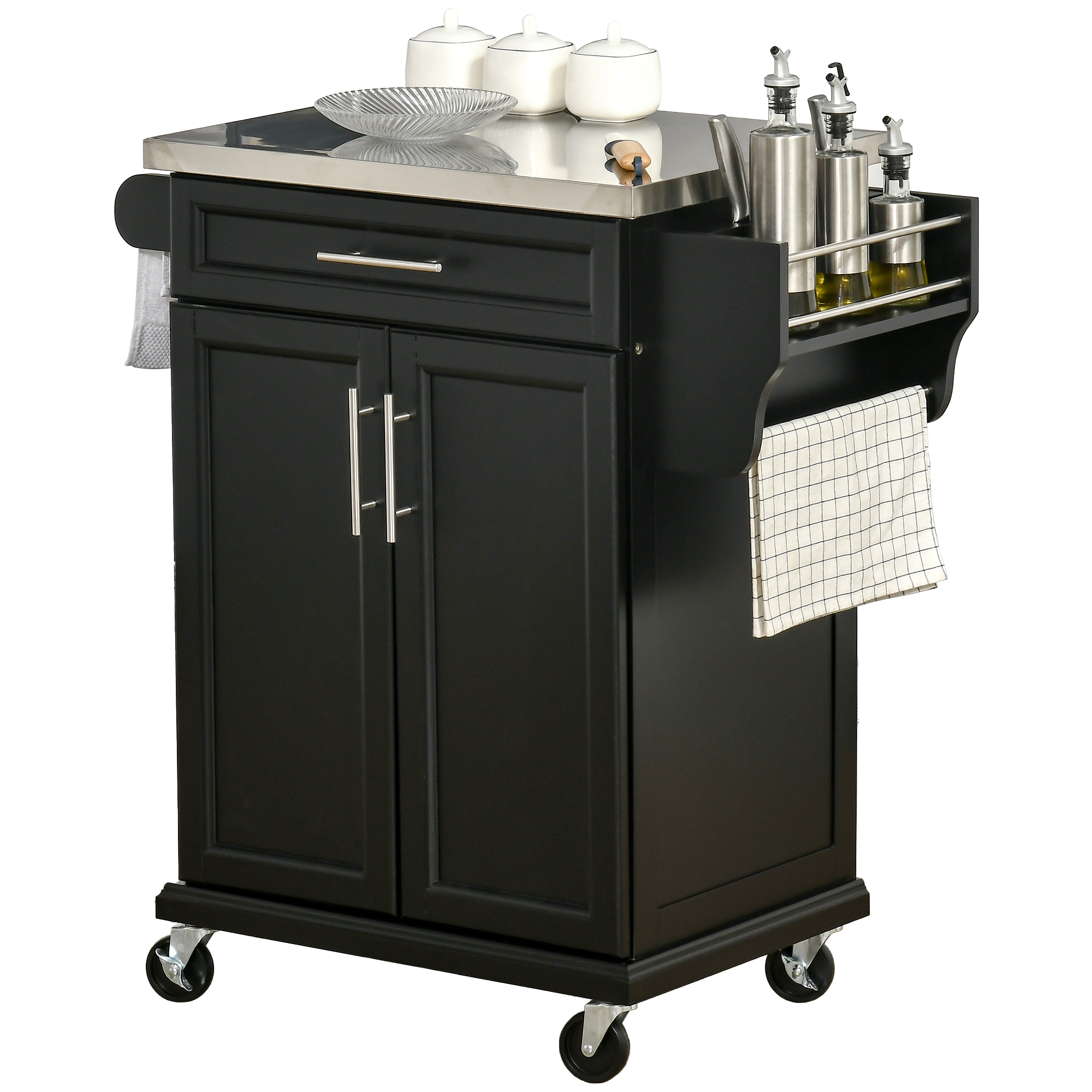 HOMCOM Wooden Kitchen Island on Wheels, Serving Cart Storage Trolley with Stainless Steel Top, Drawer, Side Handle and Rack, Black