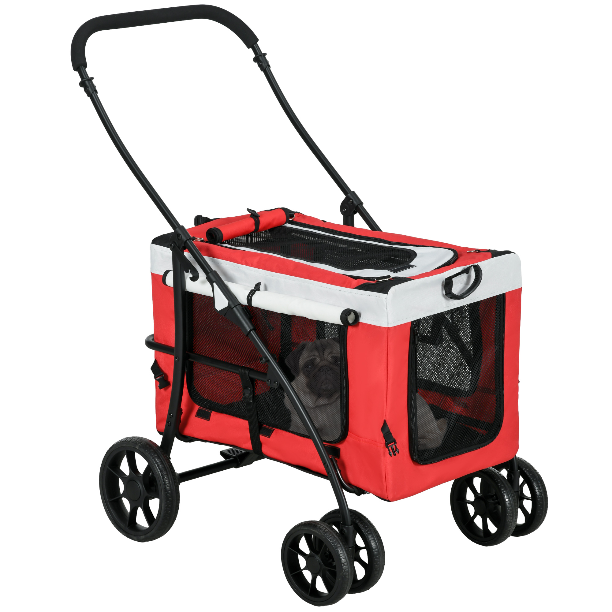 PawHut Carriola plegable para perros y gatos, cuna desmontable, bandoleras, 4 ruedas, 81 x 58 x 97.5 cm, rojo