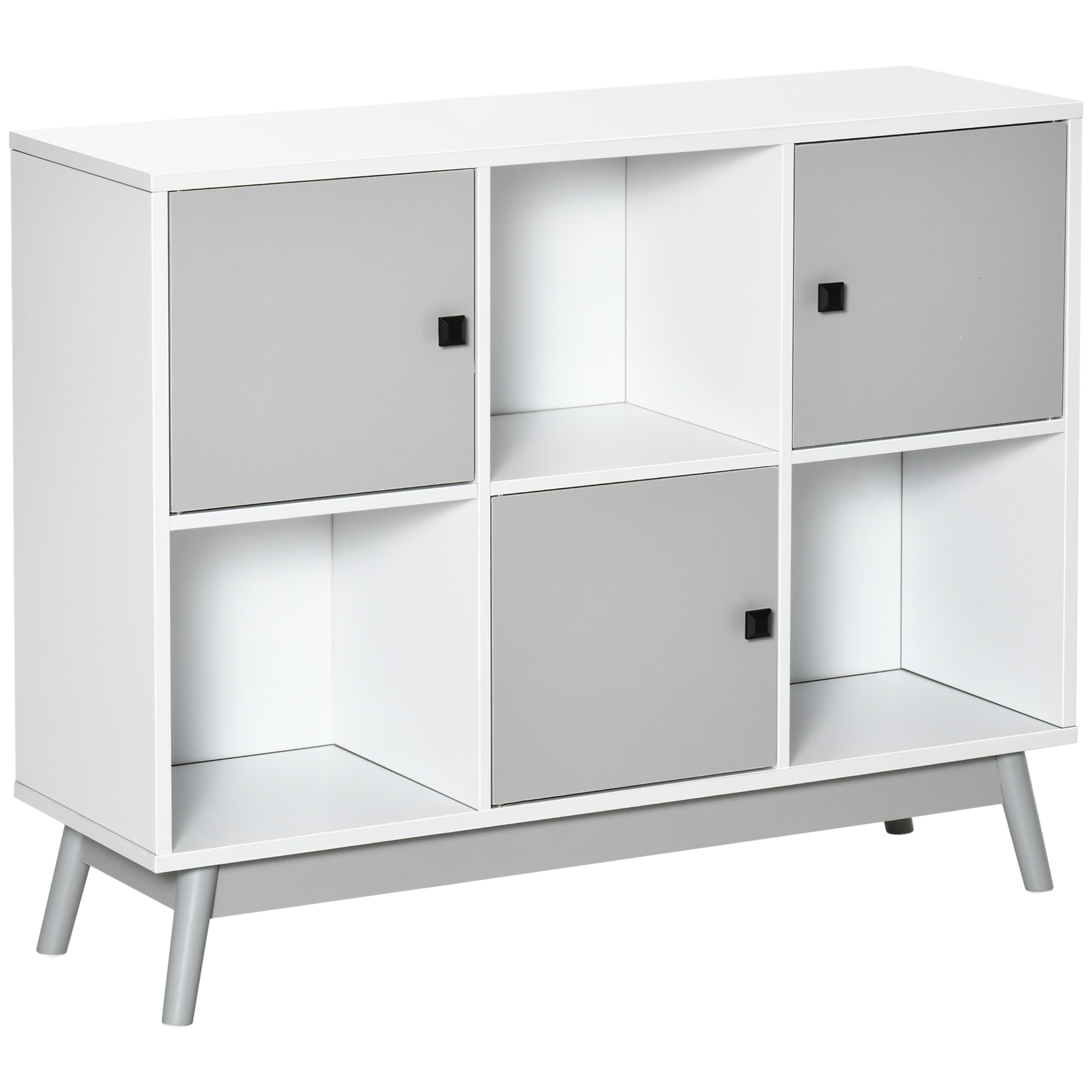 HOMCOM Bufé, mueble de almacenamiento con 3 puertas y 3 compartimentos abiertos, patas de madera de pino, 96x30x75cm, blanco y gris