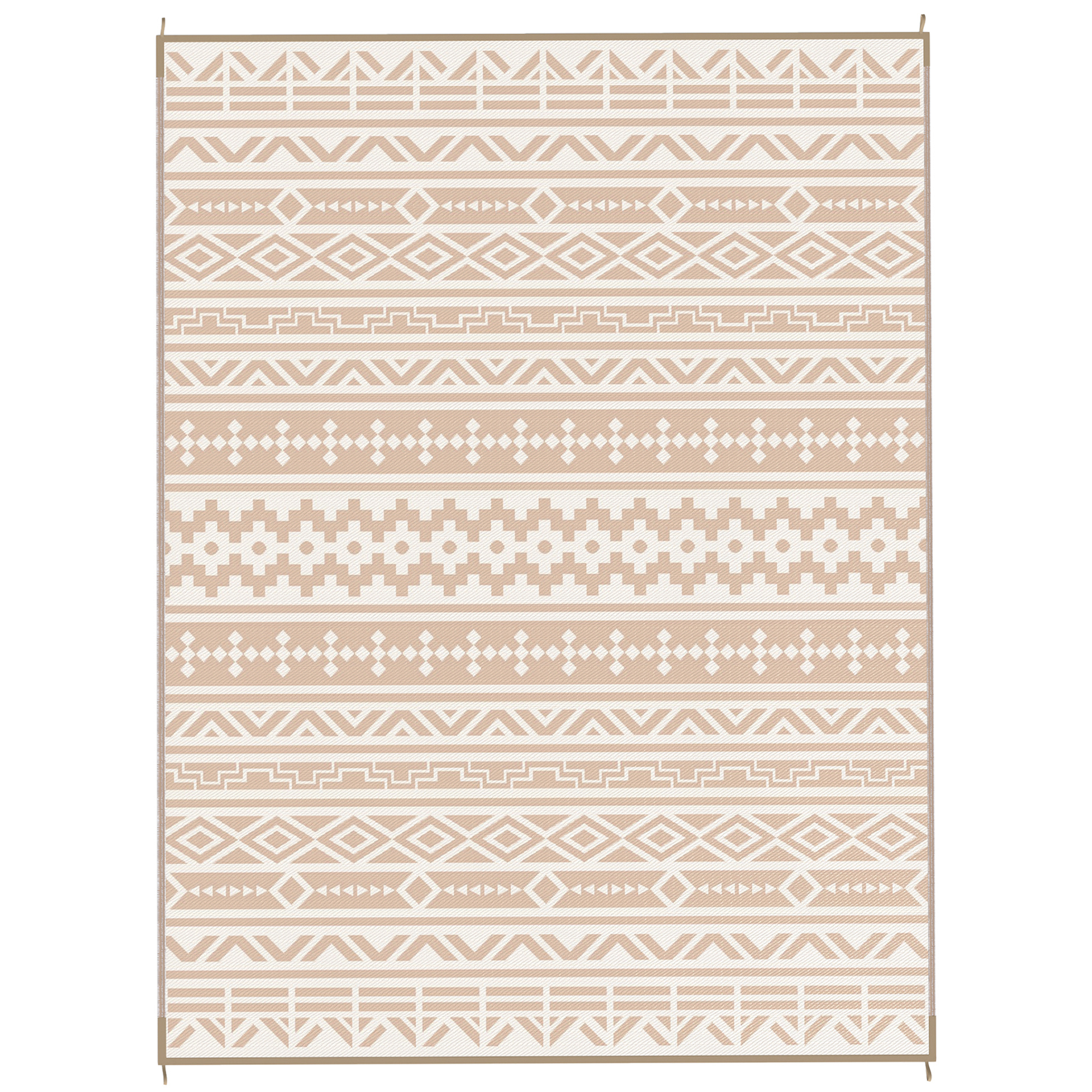 Outsunny Alfombra de exterior reversible 3,7x2,7 m, alfombra de suelo diseño geométrico en PP bolsa de transporte caqui y beige claro