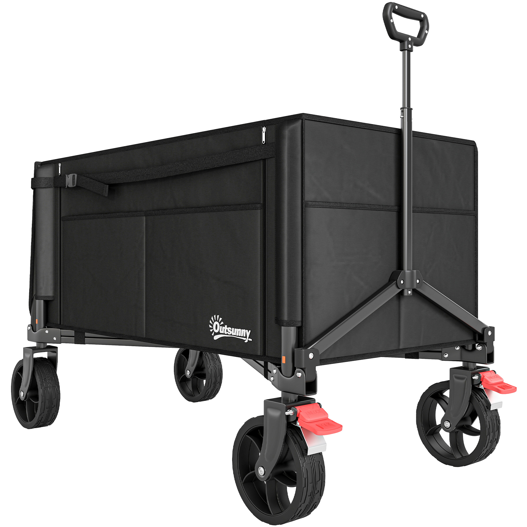 Outsunny Carrito de jardín plegable 150 L, carrito de transporte de playa mango ajustable bolsillos laterales 85x50x90 cm Negro