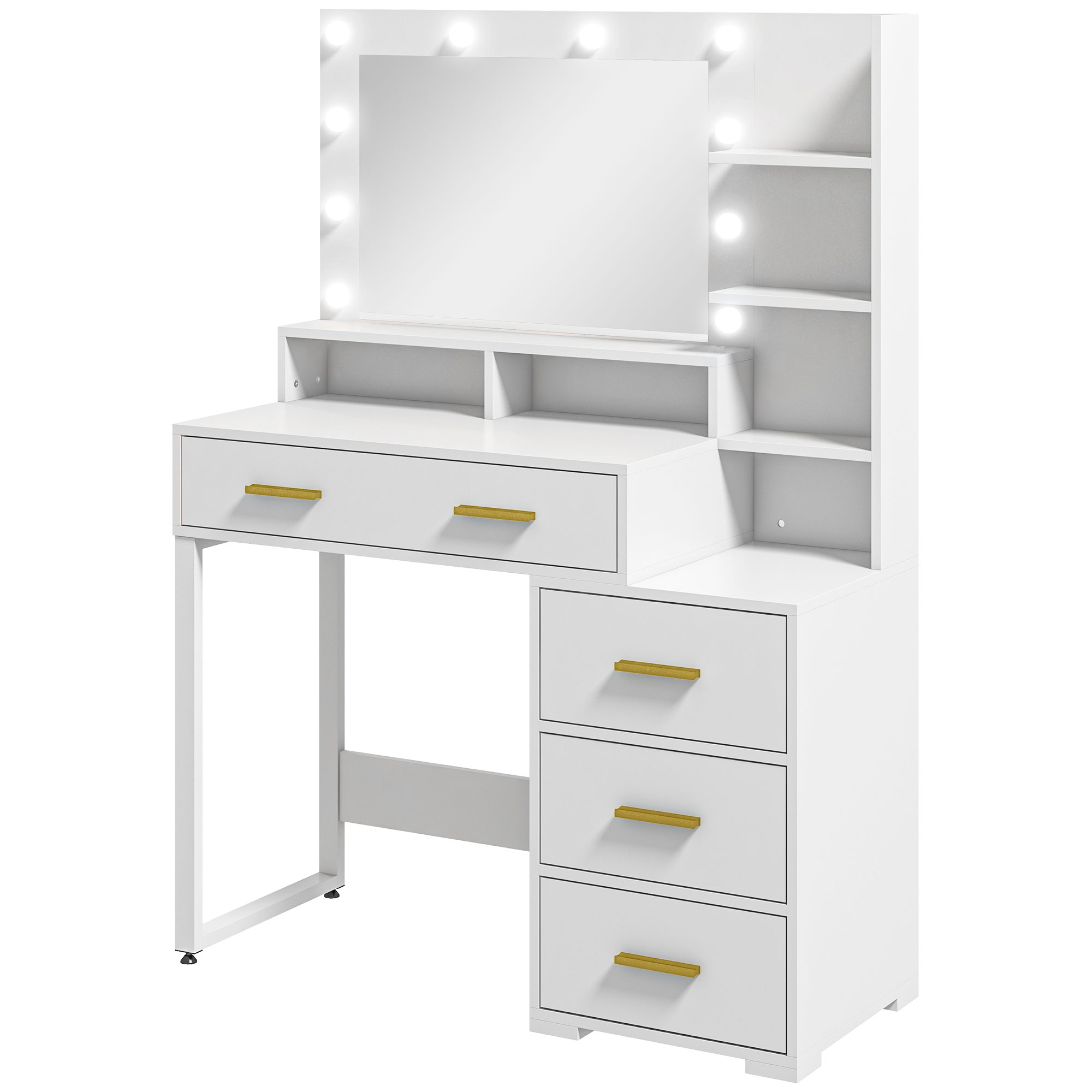 HOMCOM Coiffeuse con espejo y 9 luces LED, 4 cajones y 6 compartimentos abiertos, 100 x 40 x 138 cm, blanco