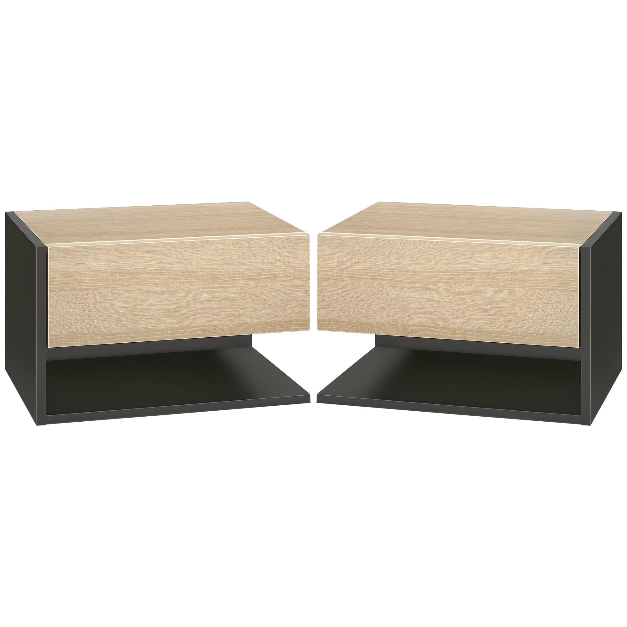 HOMCOM Set de 2 Noptiere suspendate - Set de 2 Noptiere - sertar Culisant, etajera, Bicolore Aspect stejar Negru | Aosom Romania