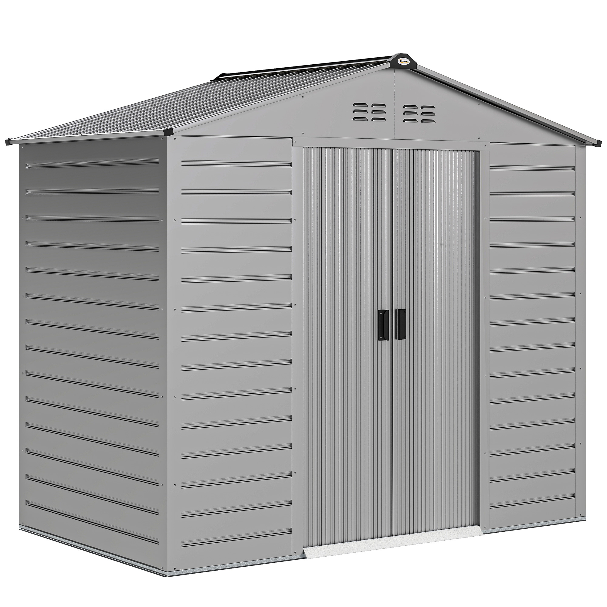 Outsunny Depozit pentru unelte de 2,43 ㎡, 213 x 131 x 192 cm, cu acoperiș în două ape, ușă glisantă blocabilă, rezistent la intemperii, Gri | Aosom Romania