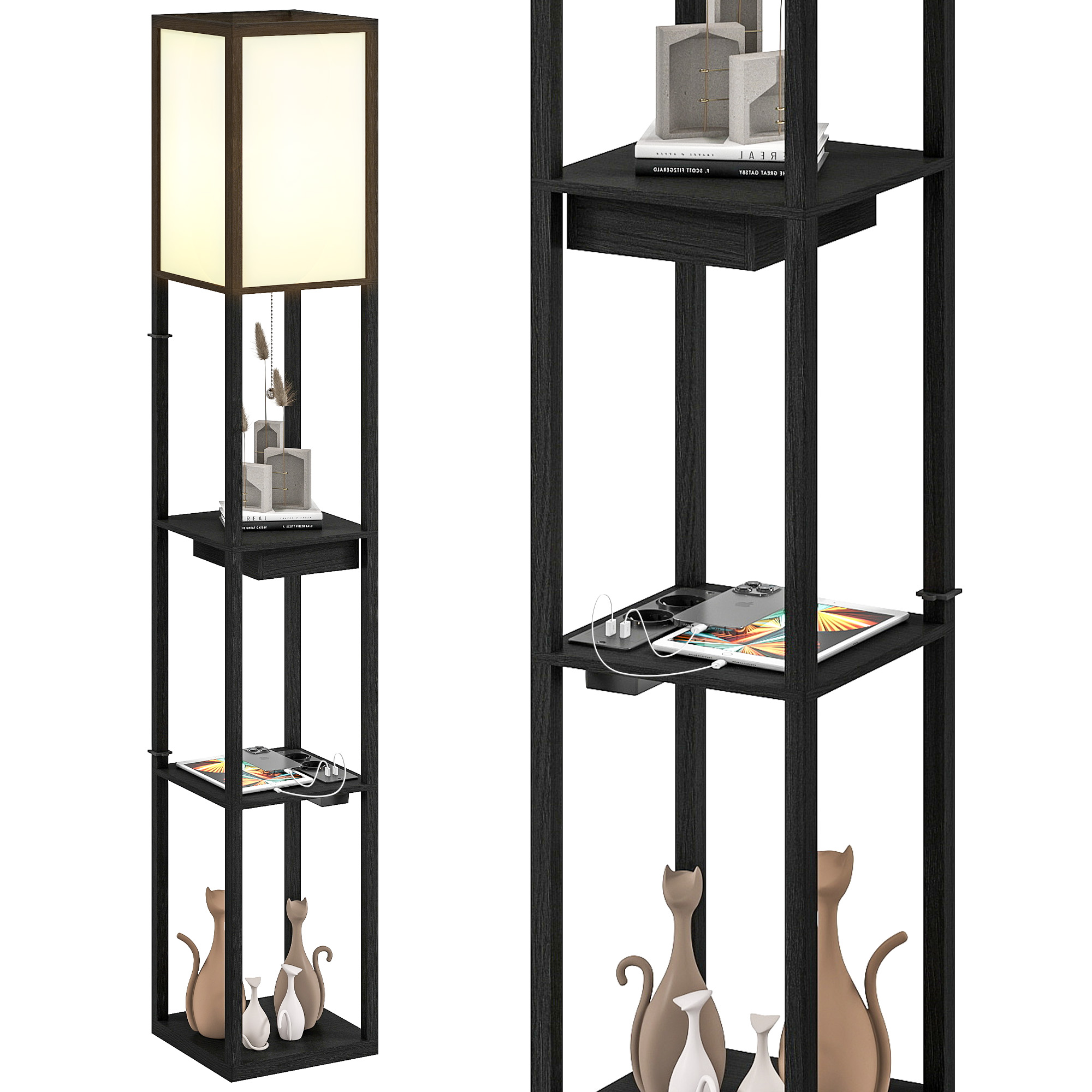 HOMCOM Lampadaire modern cu LED-uri și rafturi cu port USB A+C, comutator la picior pentru salon, cameră, birou, negru | Aosom Romania
