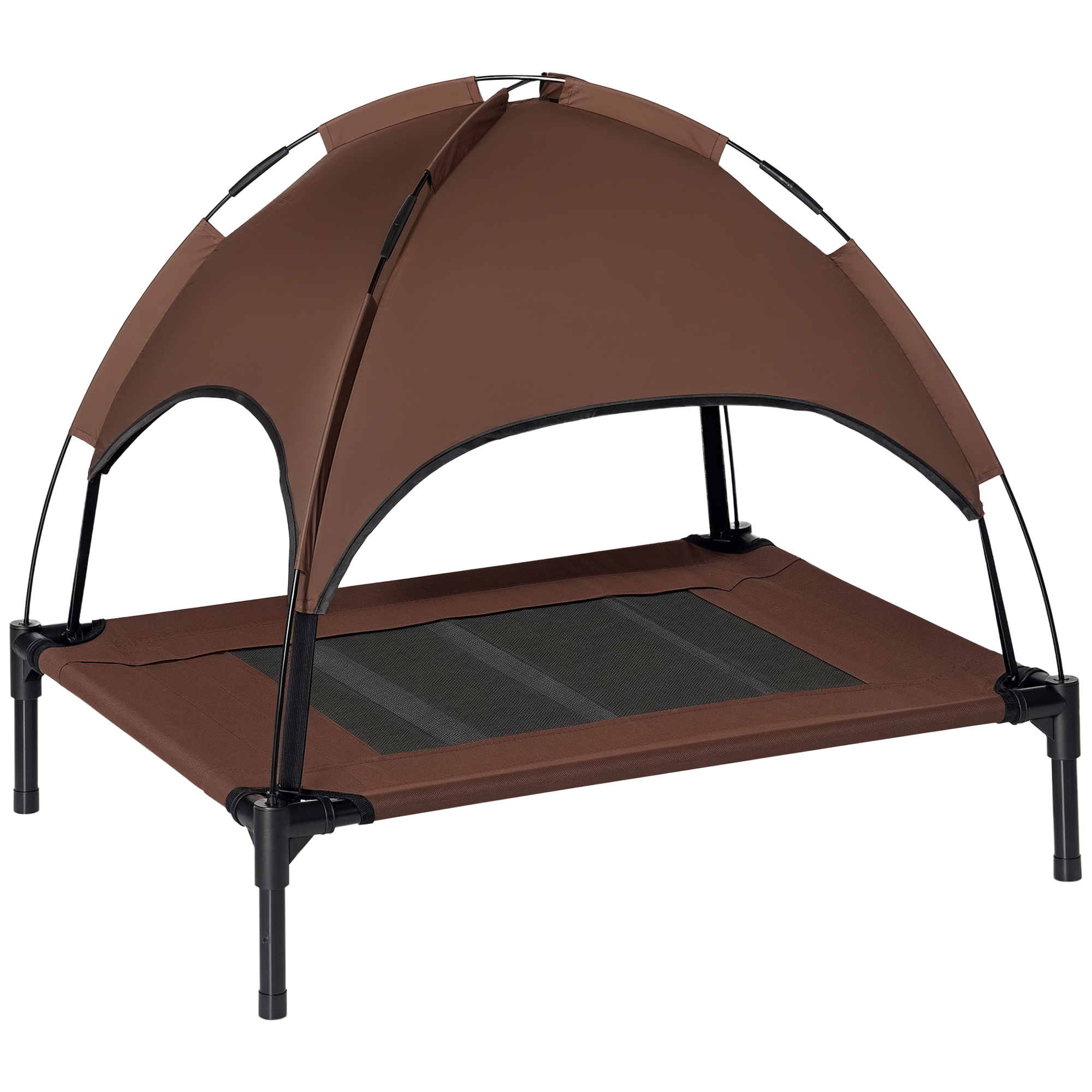 PawHut Pat înălțat pentru câini cu baldachin, pat pentru animale de companie, pat pentru câini de exterior cu acoperiș, respirabil, material textil pentru camping Cafea 76 x 61 x 73 cm | Aosom Romania