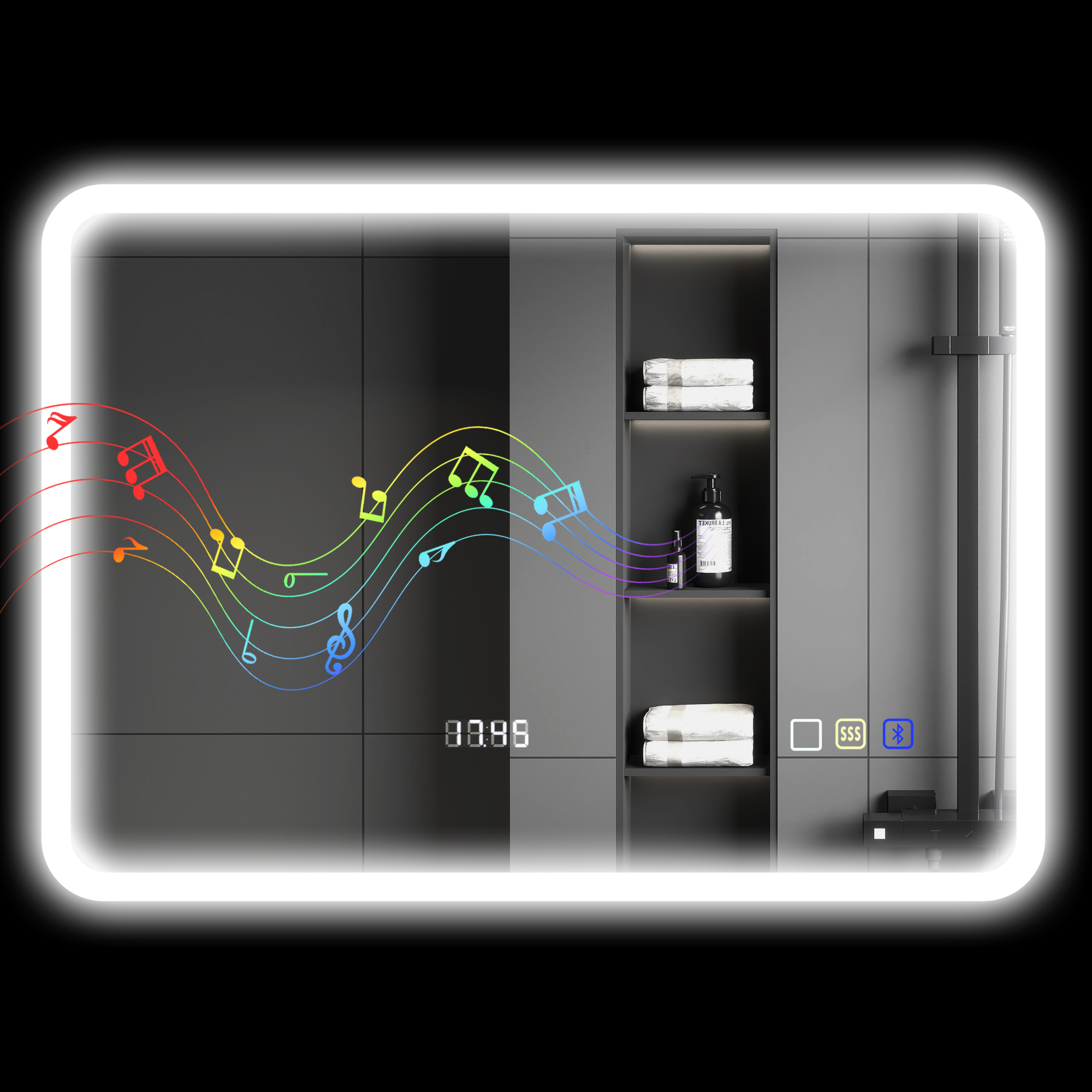 HOMCOM Oglindă de Baie cu Leduri 70x50 cm cu Bluetooth 3 Culori de Lumină Ceas Digital Funcție Anticeață Funcție de Memorie | Aosom Romania