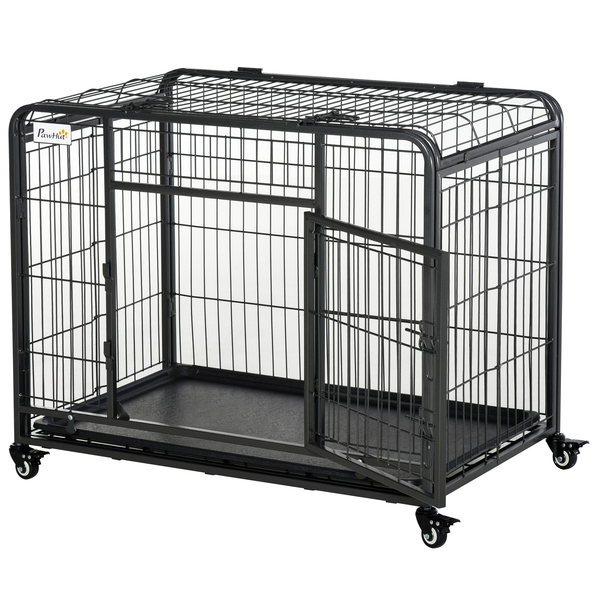 PawHut Cușcă pentru câine pliabilă cușcă de transport pe role 2 uși verrouillables tavă detașabilă dim. 94L x 58l x 69,5H cm metal gri negru | Aosom Romania