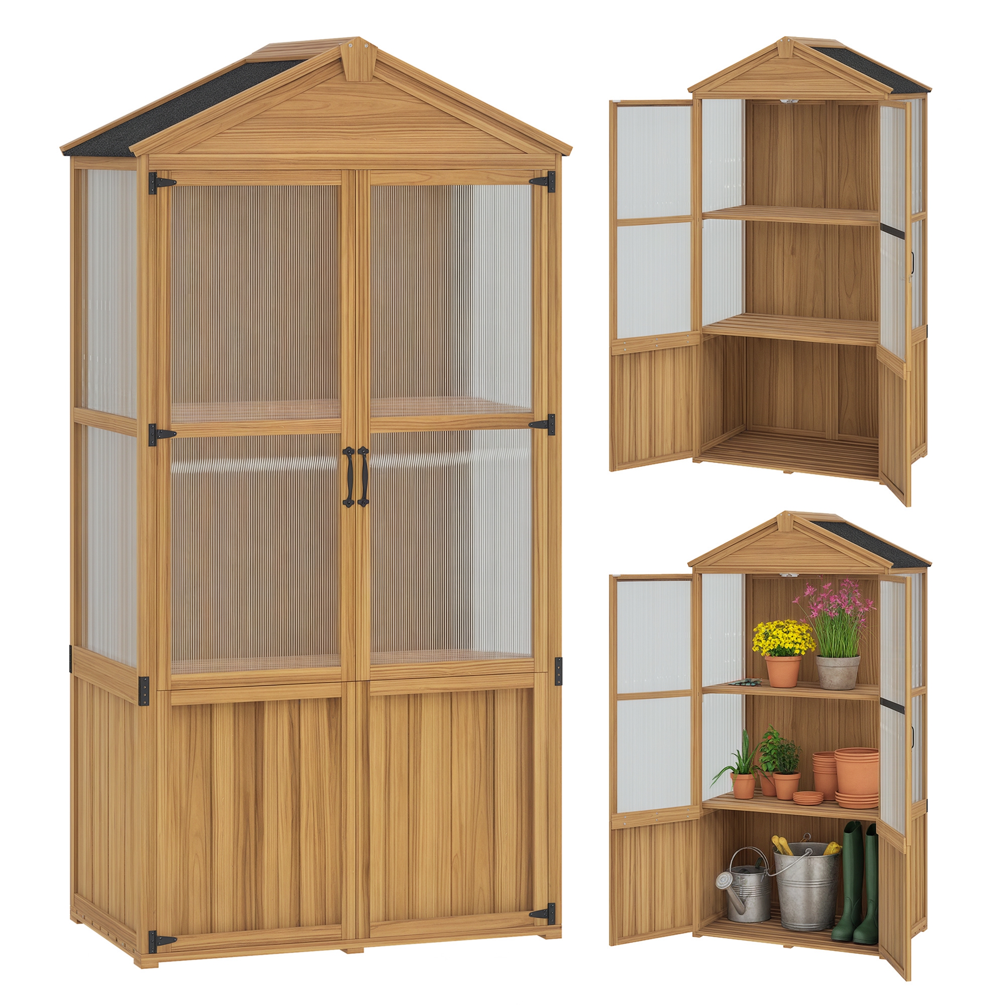 Outsunny Abri de jardin en bois, cabana de gradina cu panouri in acrilic rafturi detașabile x 55 x 178 cm, natural | Aosom Romania