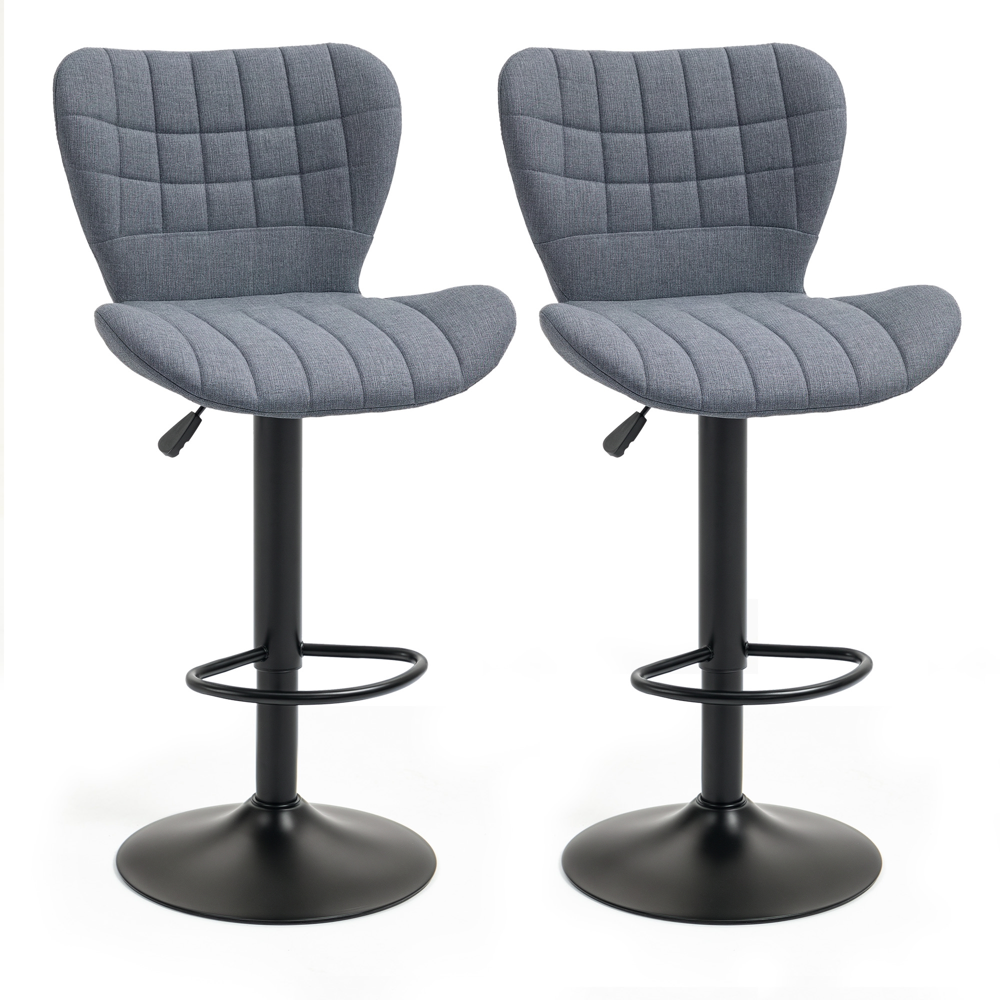 HOMCOM Set de 2 Taburete de Bar Design, Spătar curbat căptușit, Înălțime de ședere reglabilă 61-81 cm, pivotante 360°, Suport pentru picioare, Velur Gri | Aosom Romania