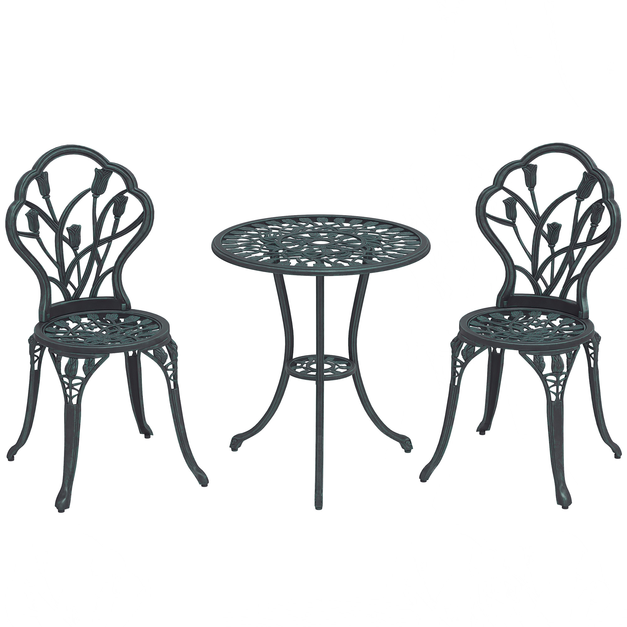 Outsunny Set Mobilier de Grădină 2 Locuri 2 Scaune + Masă Rotundă Fontă de Aluminiu Imitație Fier Forjat Verde | Aosom Romania