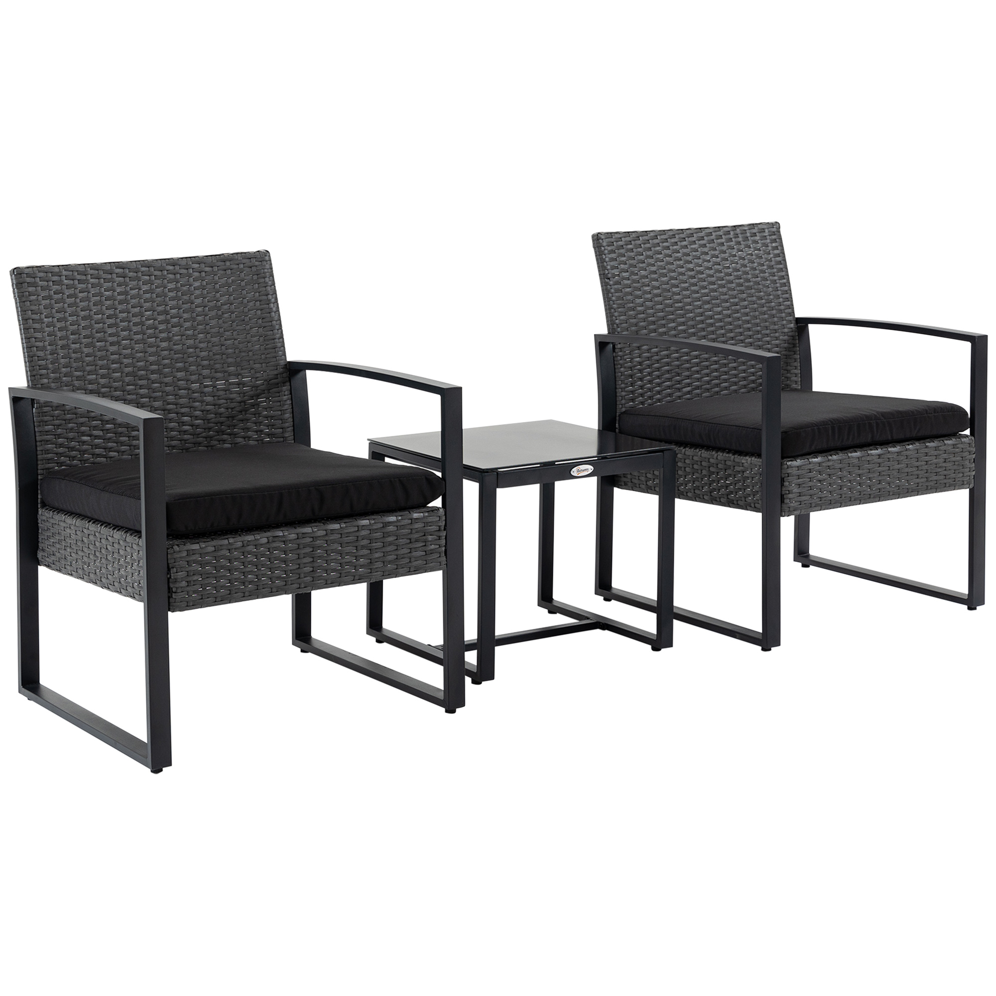 Outsunny Salon de jardin 2 locuri 3 piese 2 scaune cu perne + masă de cafea blat sticlă securizată rășină tressée 4 fire imitație de răchită gri | Aosom Romania