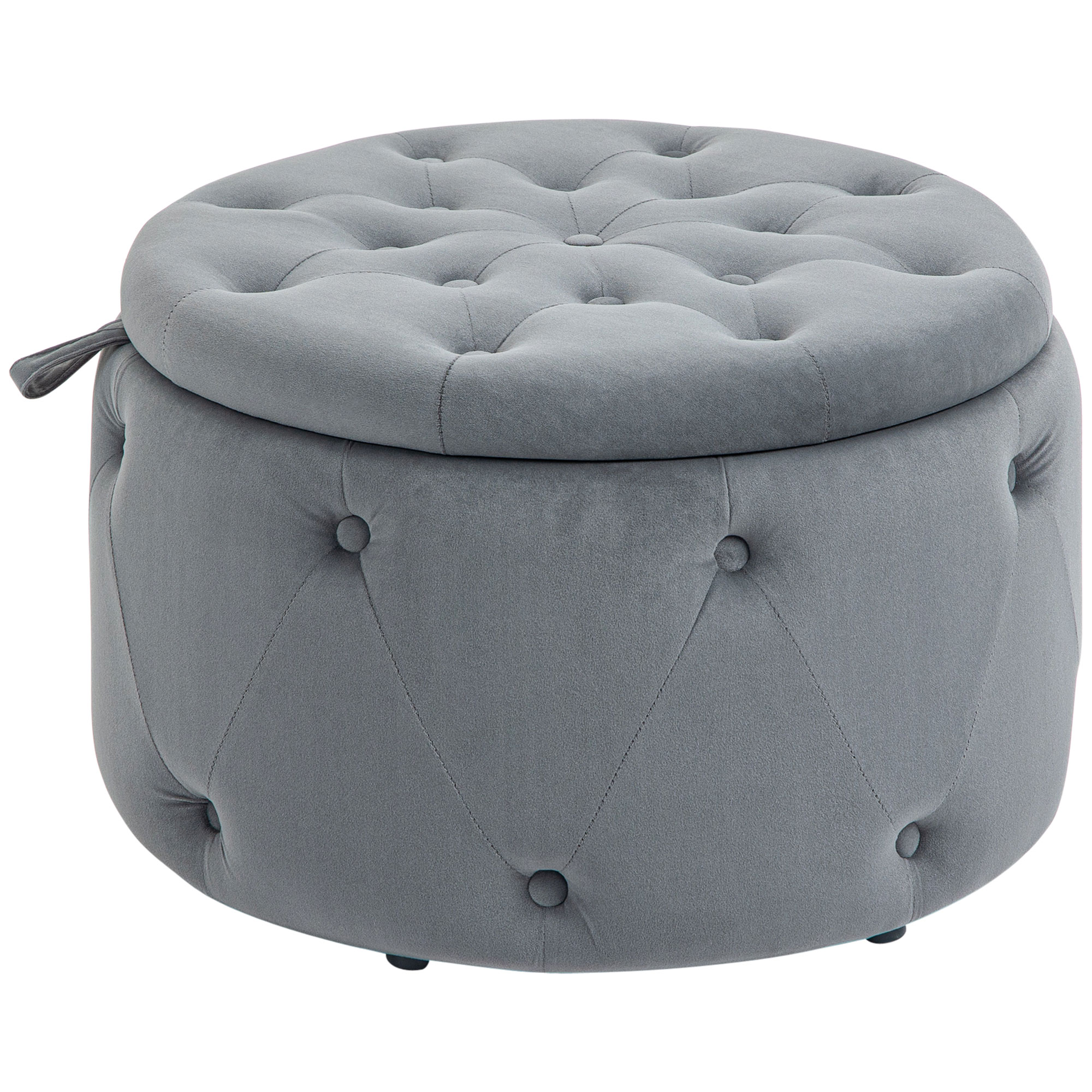 HOMCOM Puf, rotund, cu spațiu de depozitare, model matlasat cu butoane, catifea, gri, 60 x 60 x 40 cm | Aosom Romania